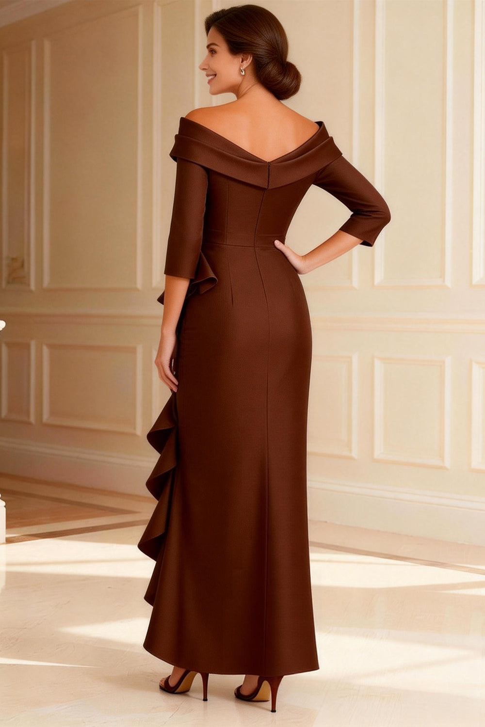 Chocolate Off the Shoulder Ruffled High Low Wedding Guest Dress with Sleeves