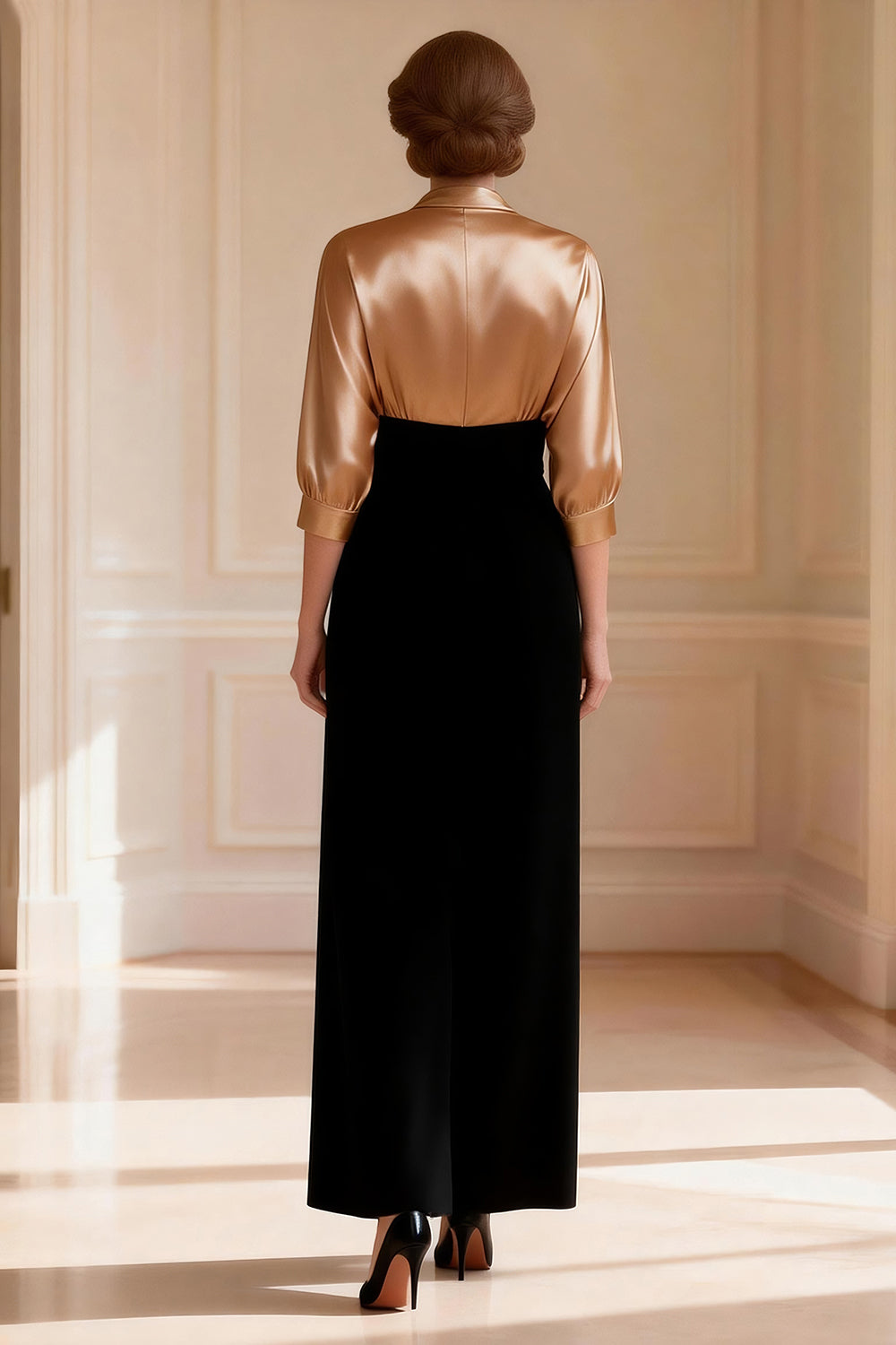 Black and Champagne Long V-Neck Wedding Guest Dress