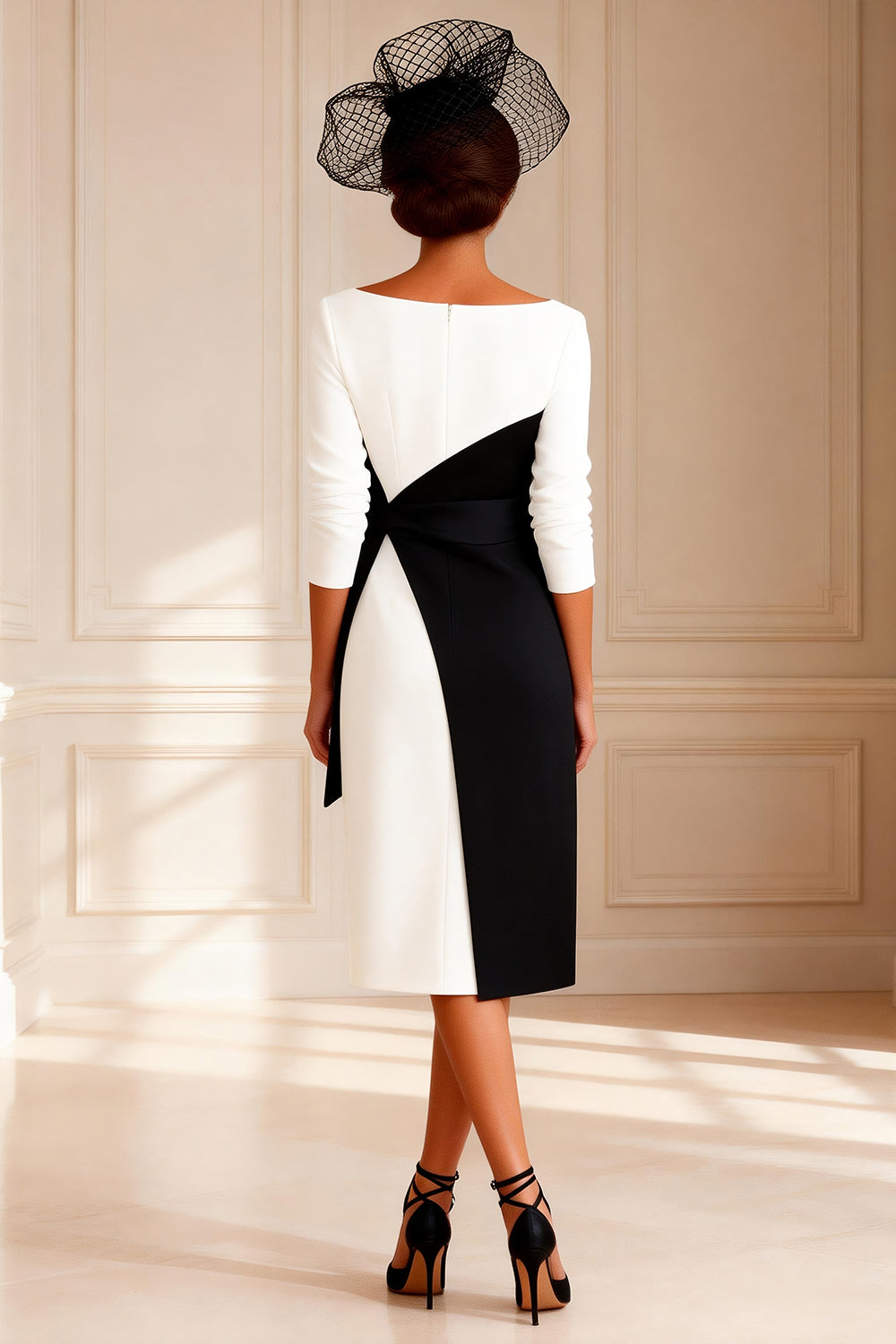 Black and White Bodycon Boat Neck Midi Wedding Guest Dress with Sleeves