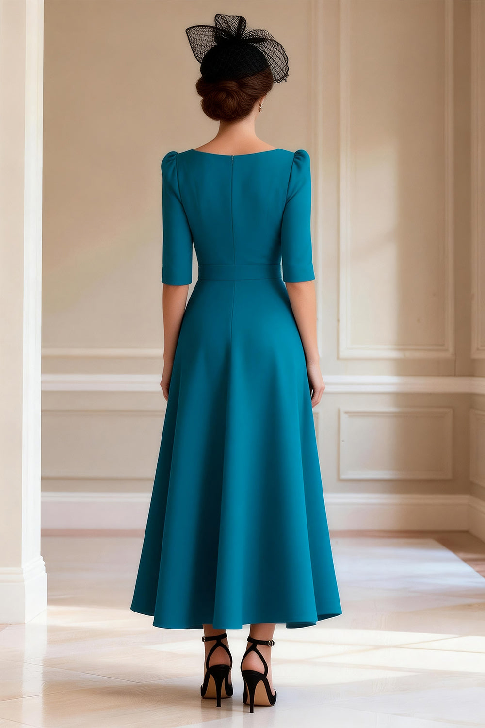 Peacock Blue Half Sleeves Ankle Length Wedding Guest Dress with Slit