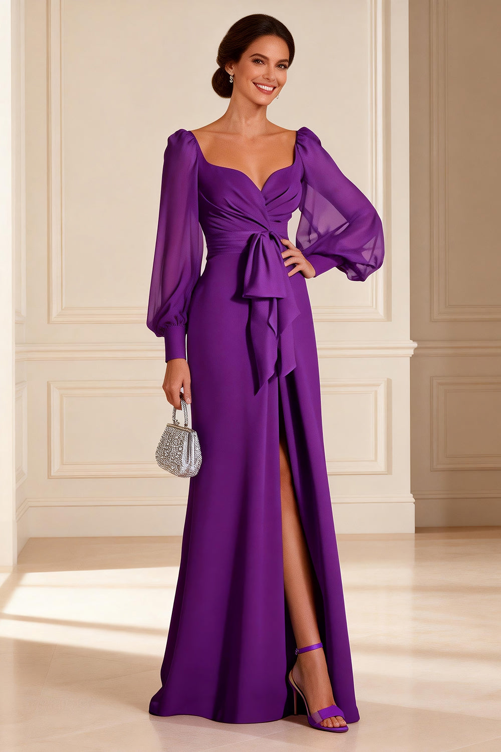 Purple Floor Length Long Sleeves Wedding Guest Dress with Slit