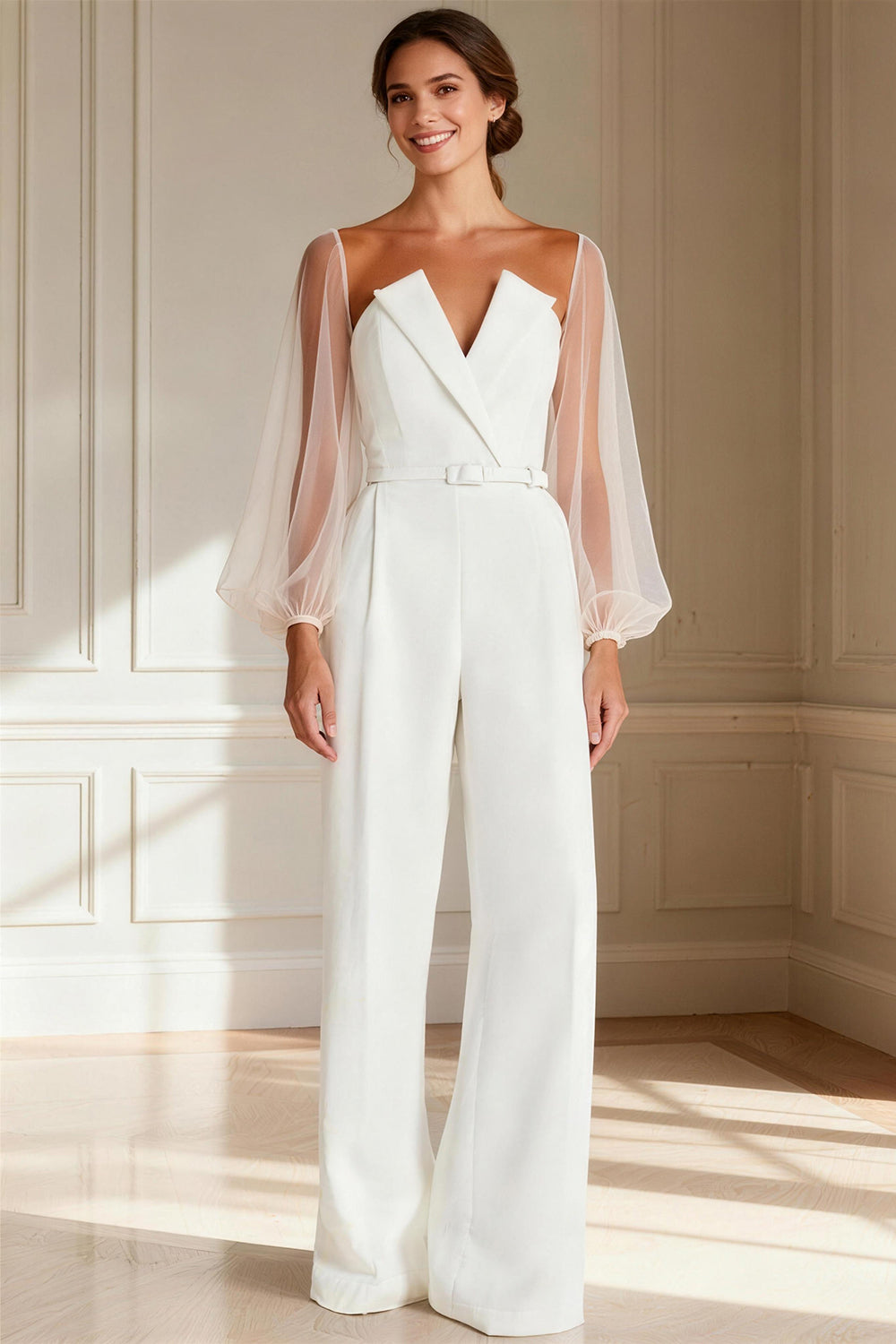 White Puff Sleeves Sweetheart Long Wedding Guest Jumpsuits with Belt