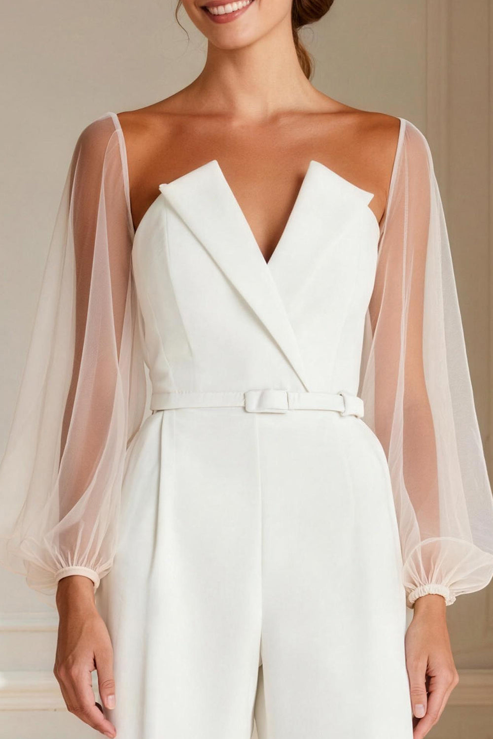 White Puff Sleeves Sweetheart Long Wedding Guest Jumpsuits with Belt