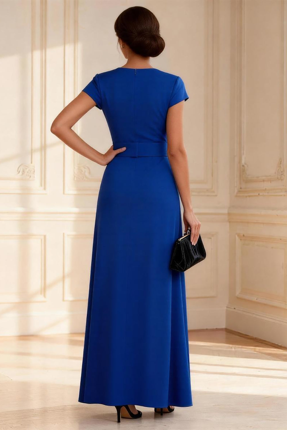 Royal Blue Sheath V Neck Long Wedding Guest Dress with Slit