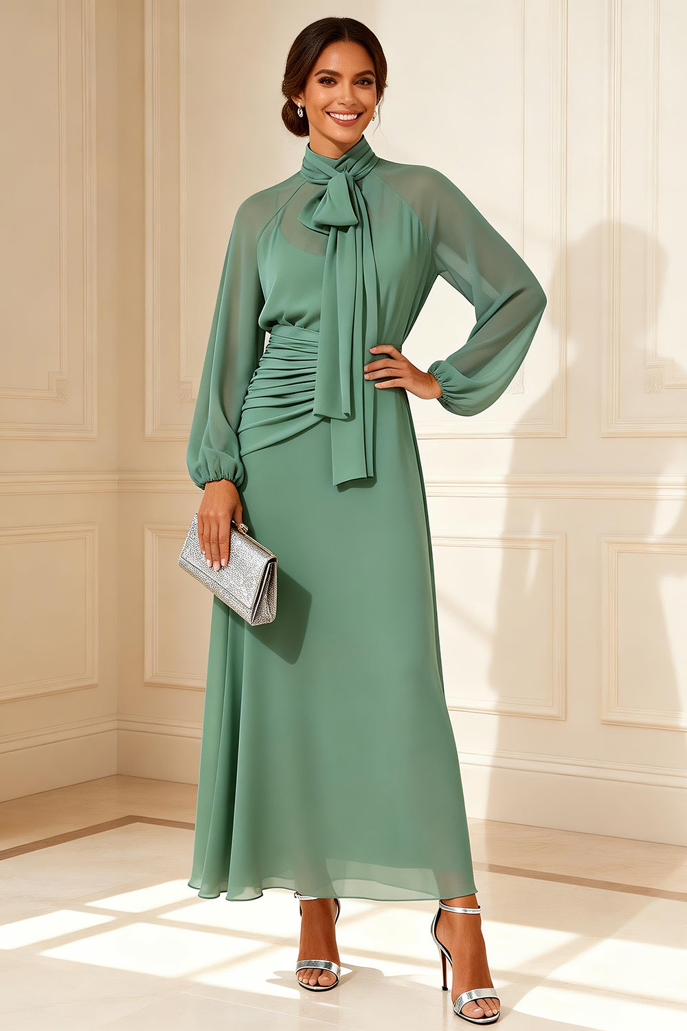 Sage Green Chiffon A Line High Neck Long Wedding Guest Dress