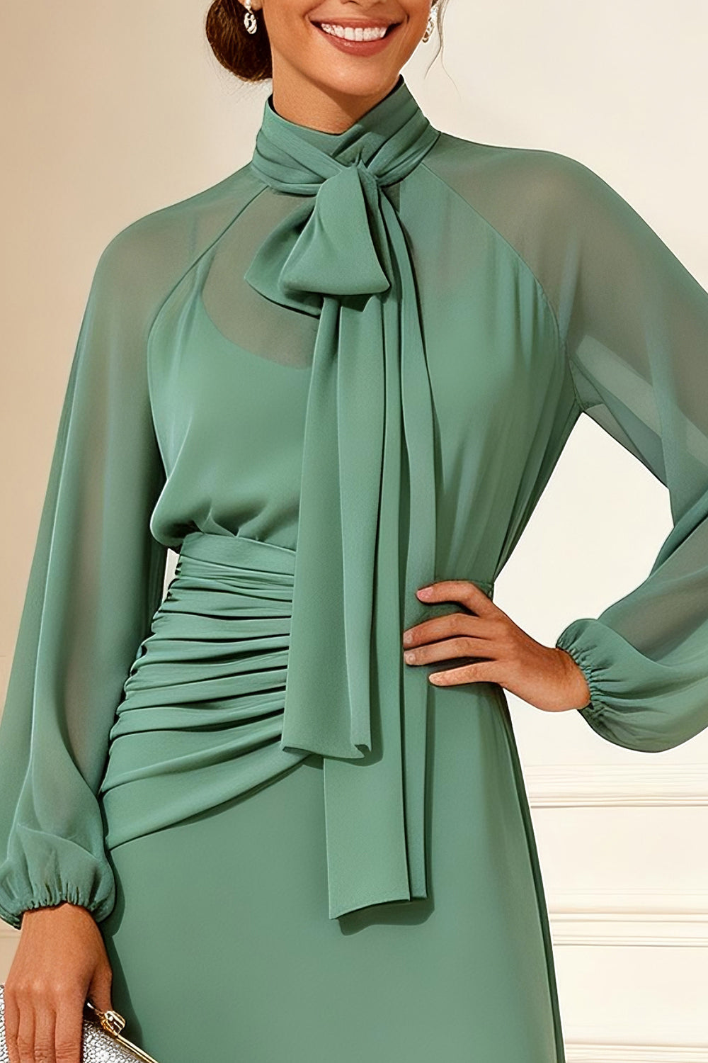Sage Green Chiffon A Line High Neck Long Wedding Guest Dress