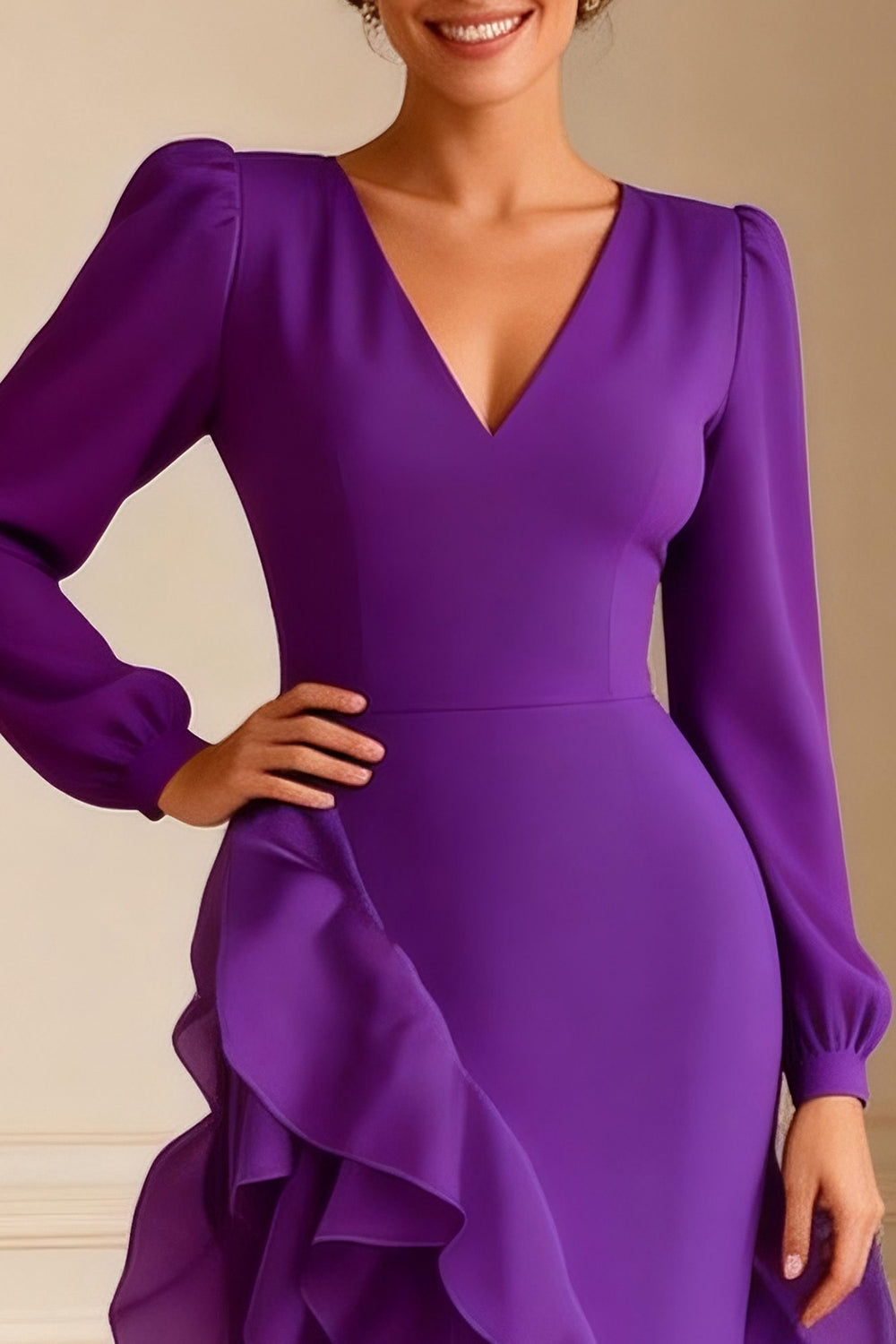 Purple V Neck Ruffled Asymmetrical Wedding Guest Dress with Slit