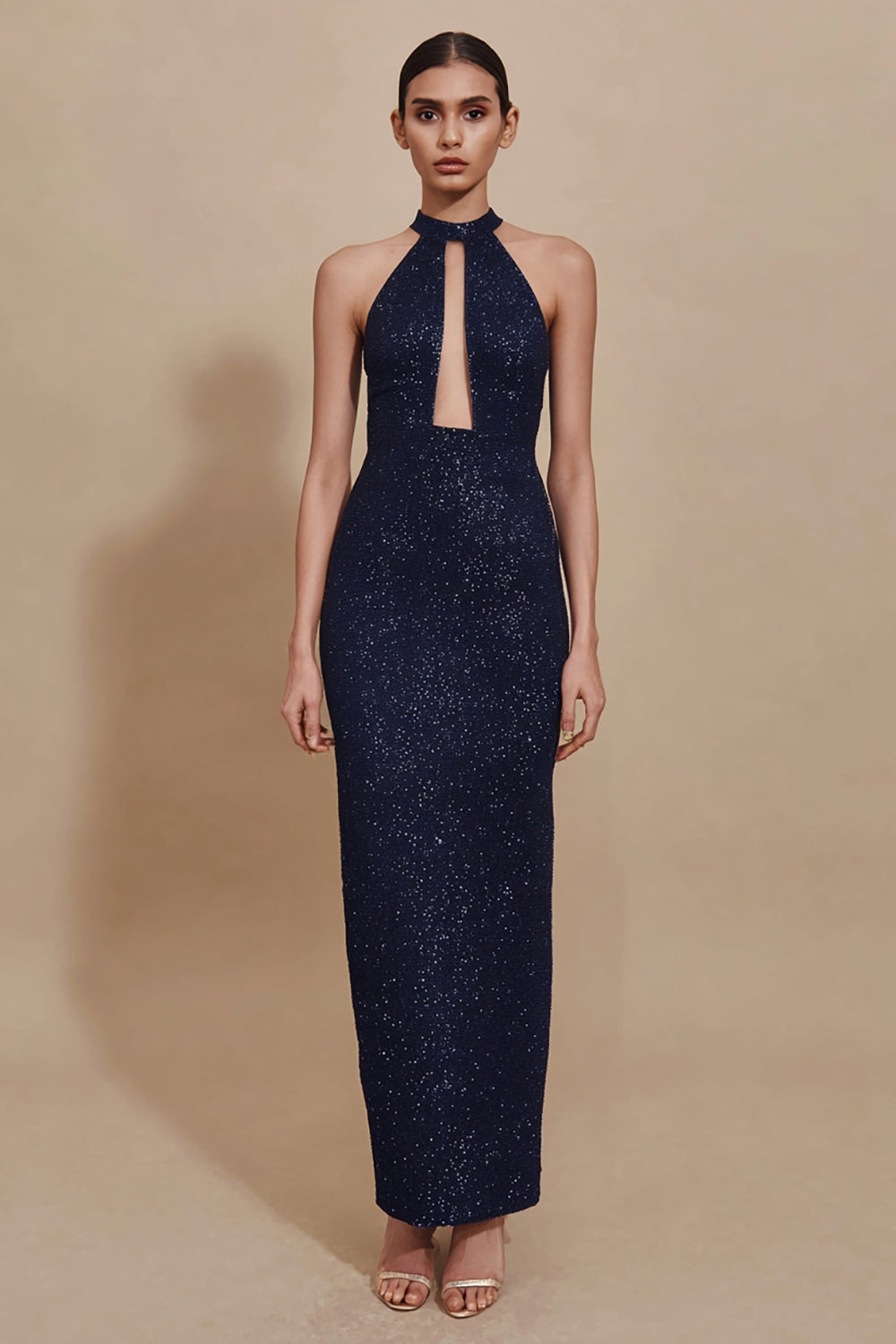Sparky Navy Sheath Keyhole Sequin Long Evening Dress