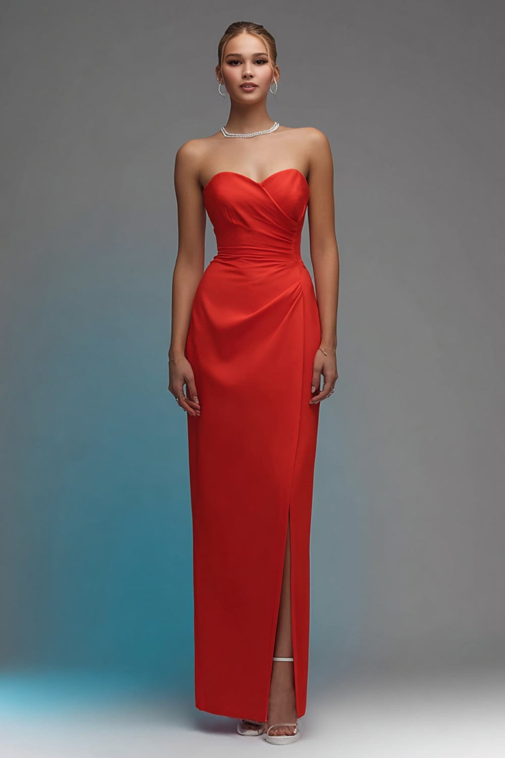 Red Sheath Sweetheart Ruched Long Satin Evening Dress with Slit