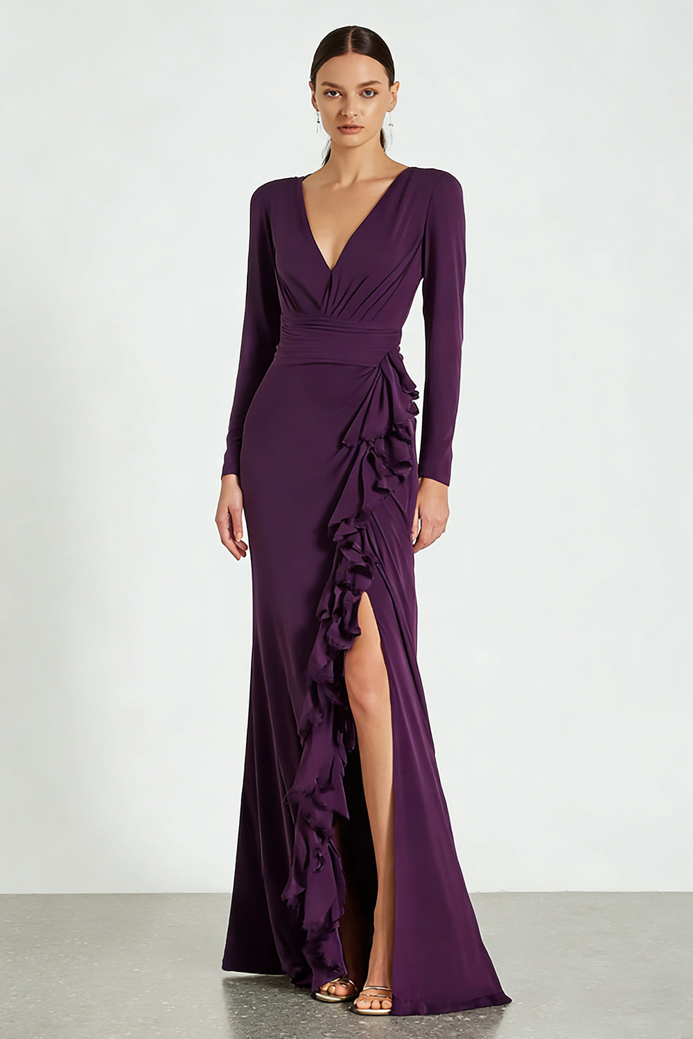 Plum V-Neck Mermaid Ruffled Satin Long Sleeves Evening Dress with Slit