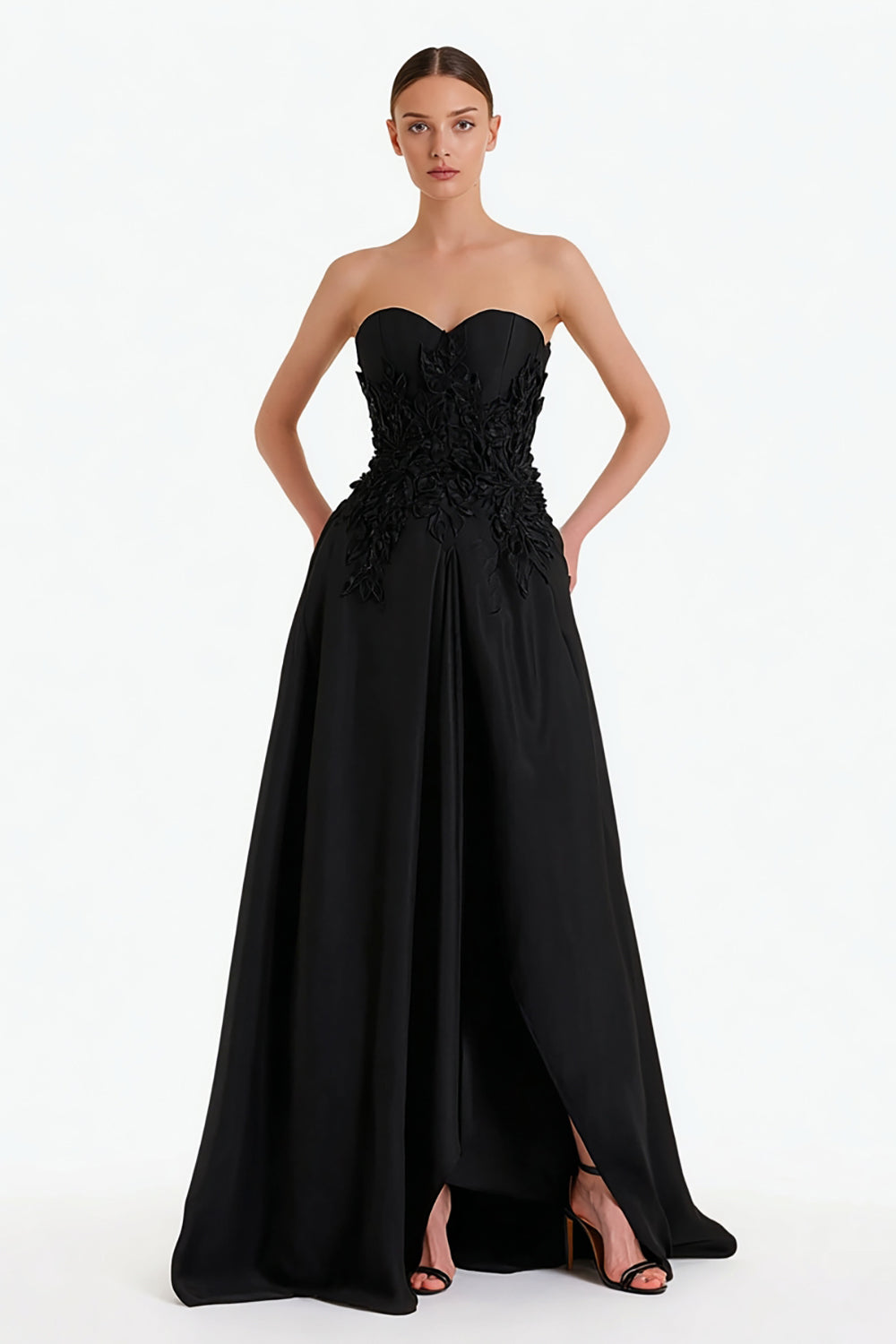 Black A-Line Sweetheart Long Satin Evening Dress with Slit