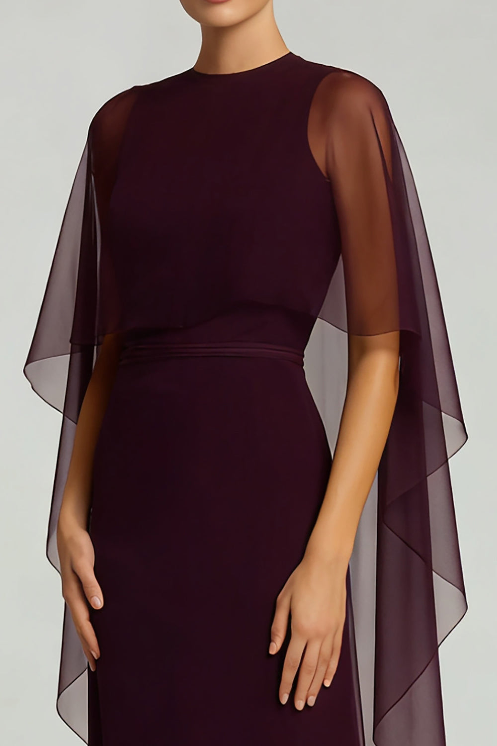 Burgundy Sheath Crew Neck Long Chiffon Evening Dress with Cape