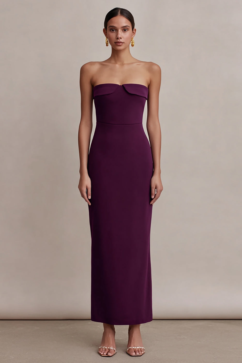 Plum Strapless Satin Sheath Long Evening Dress