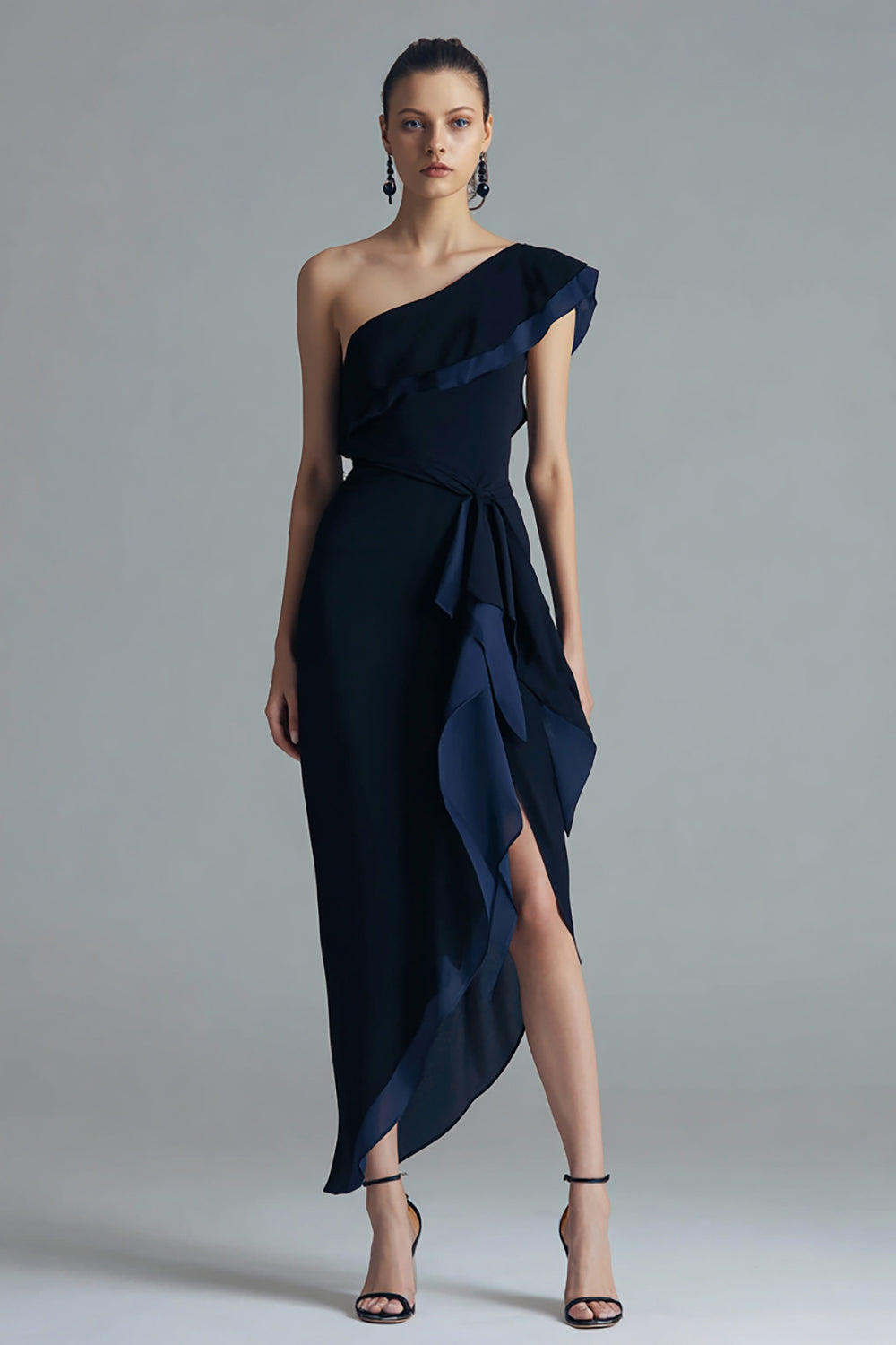 Black and Navy Chiffon One Shoulder Asymmetrical Evening Dress