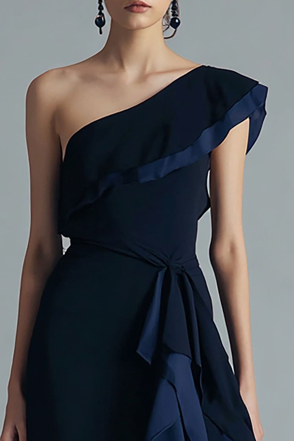 Black and Navy Chiffon One Shoulder Asymmetrical Evening Dress