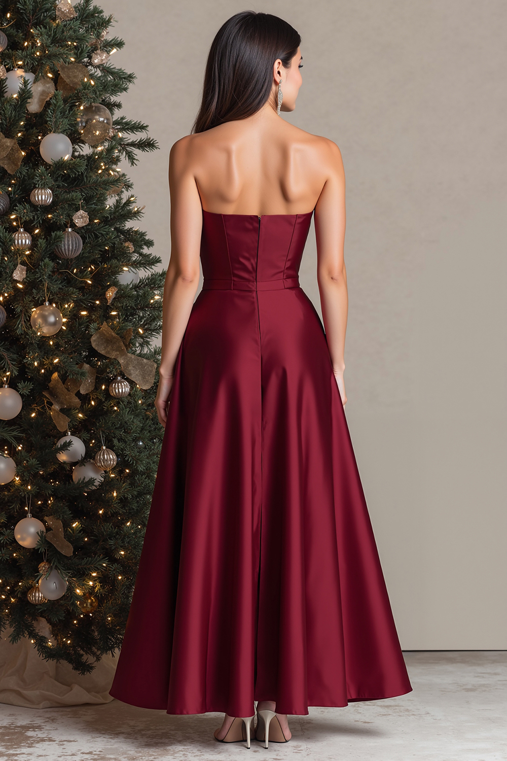 Burgundy Strapless Asymmetrical Satin Long Evening Dress