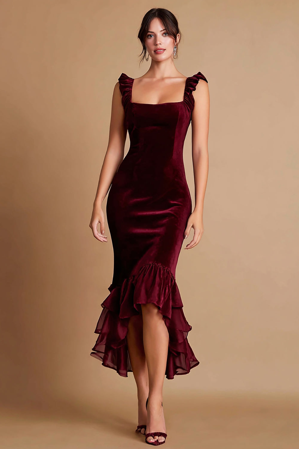 Burgundy Satin Ruffled Mermaid Midi Semi-Evening Dress