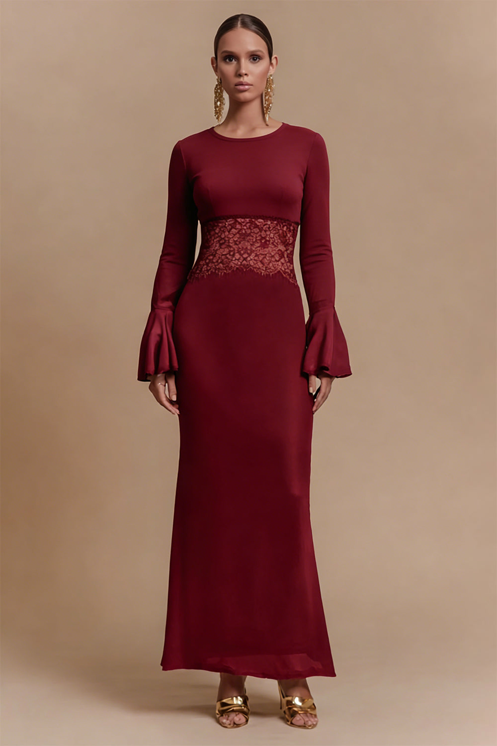 Burgundy Satin Long Sleeves Jewel Neck Long Evening Dress with Lace