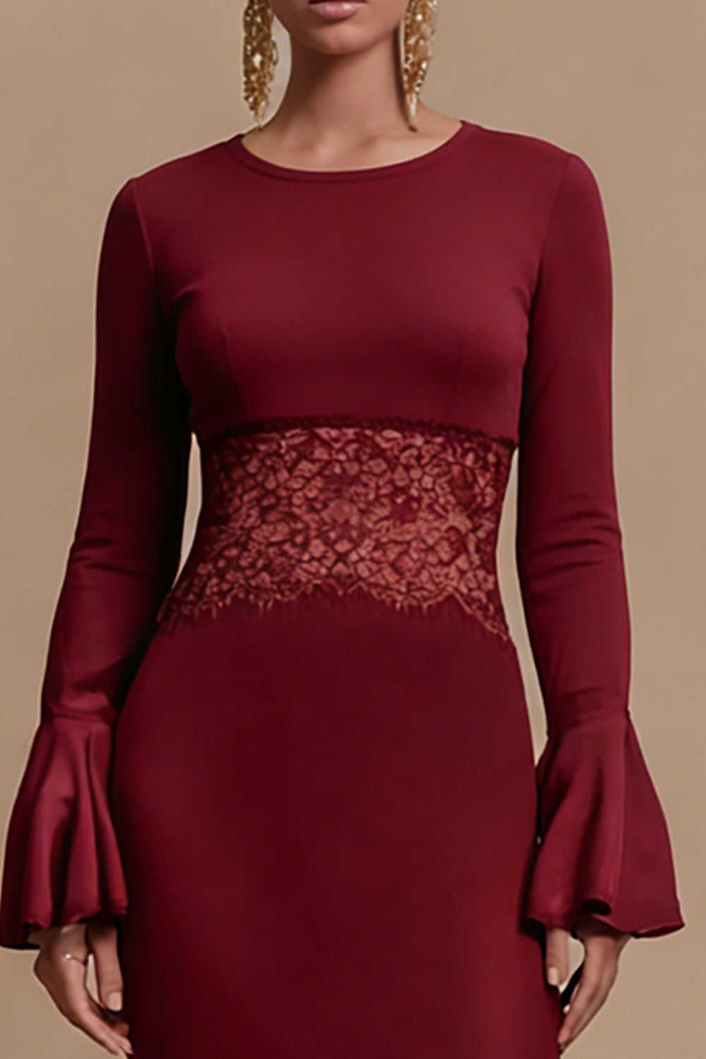 Burgundy Satin Long Sleeves Jewel Neck Long Evening Dress with Lace