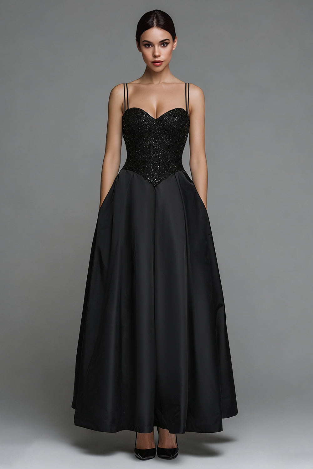 Sparkly Black Satin Long Spaghetti Straps Evening Dress with Sequins