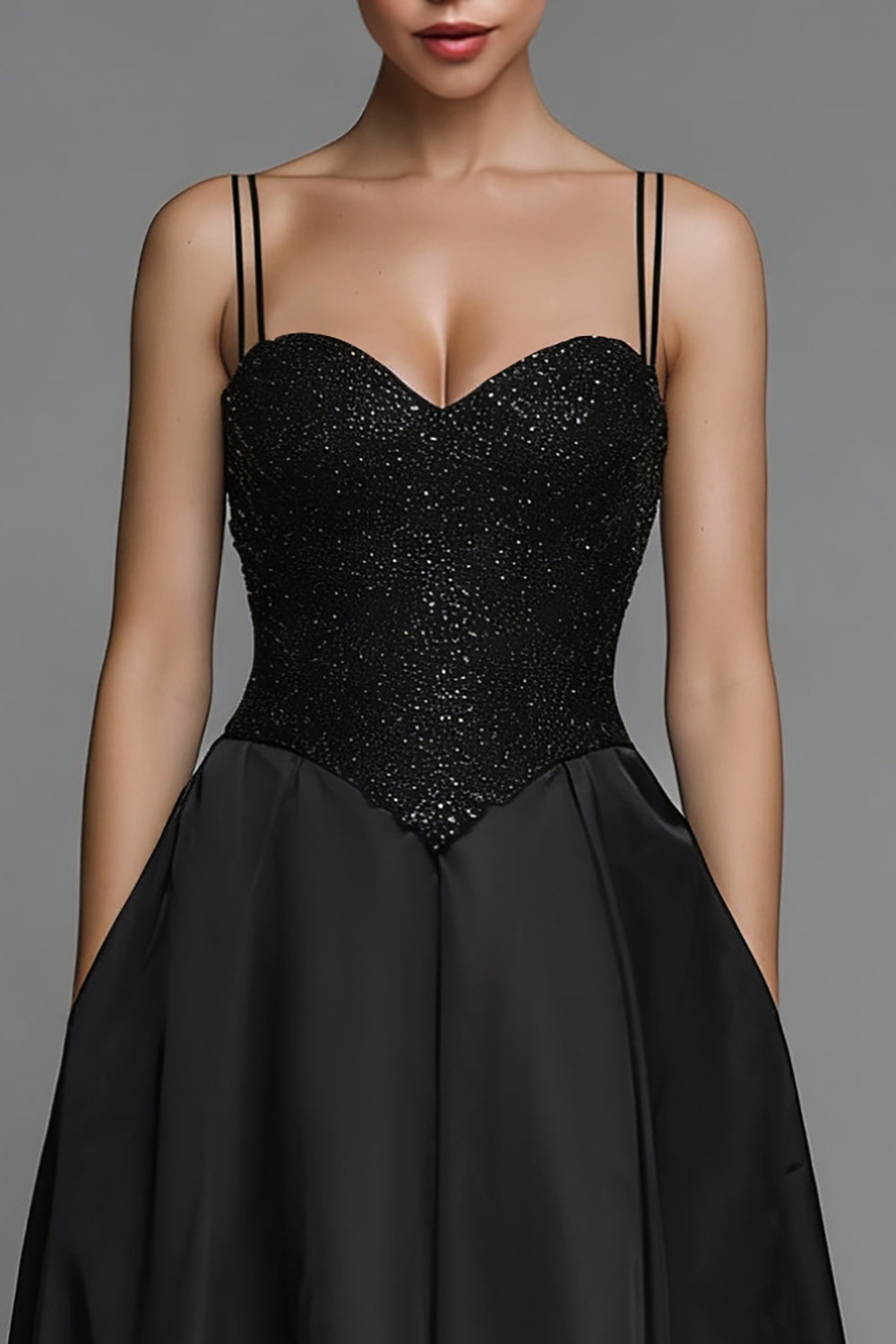 Sparkly Black Satin Long Spaghetti Straps Evening Dress with Sequins