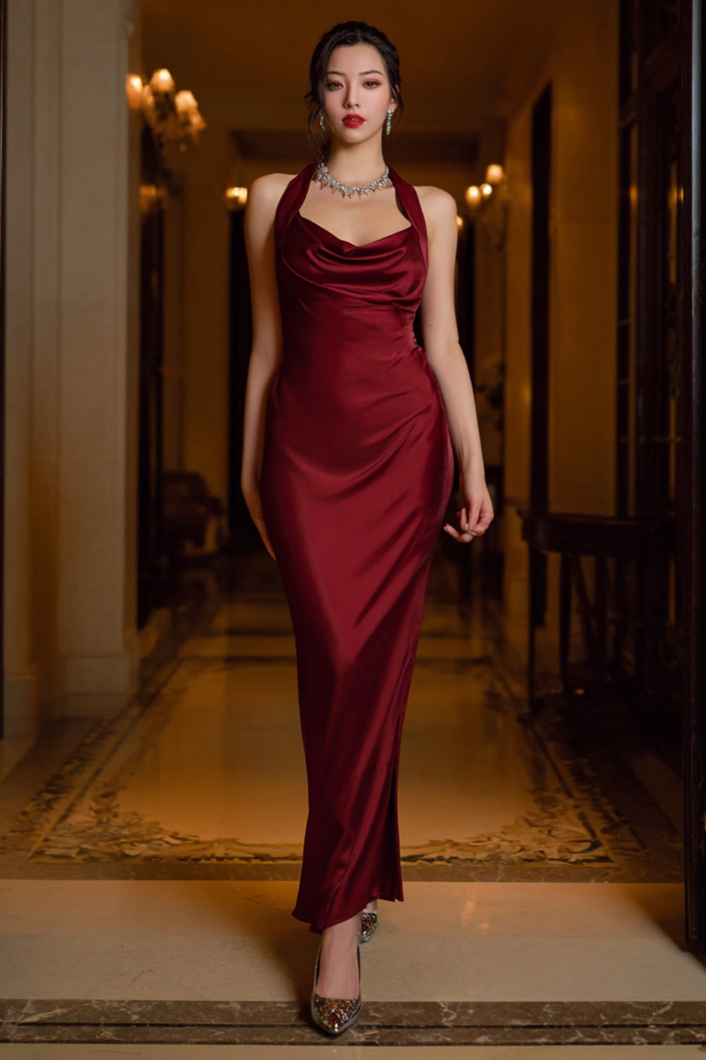 Dark Green Halter Satin Neck Sheath Long Evening Dress