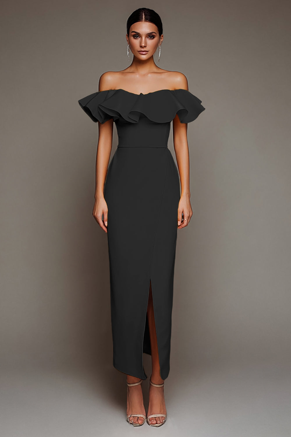 Black Satin Off the Shoulder Long Sheath Evening Dress with Slit