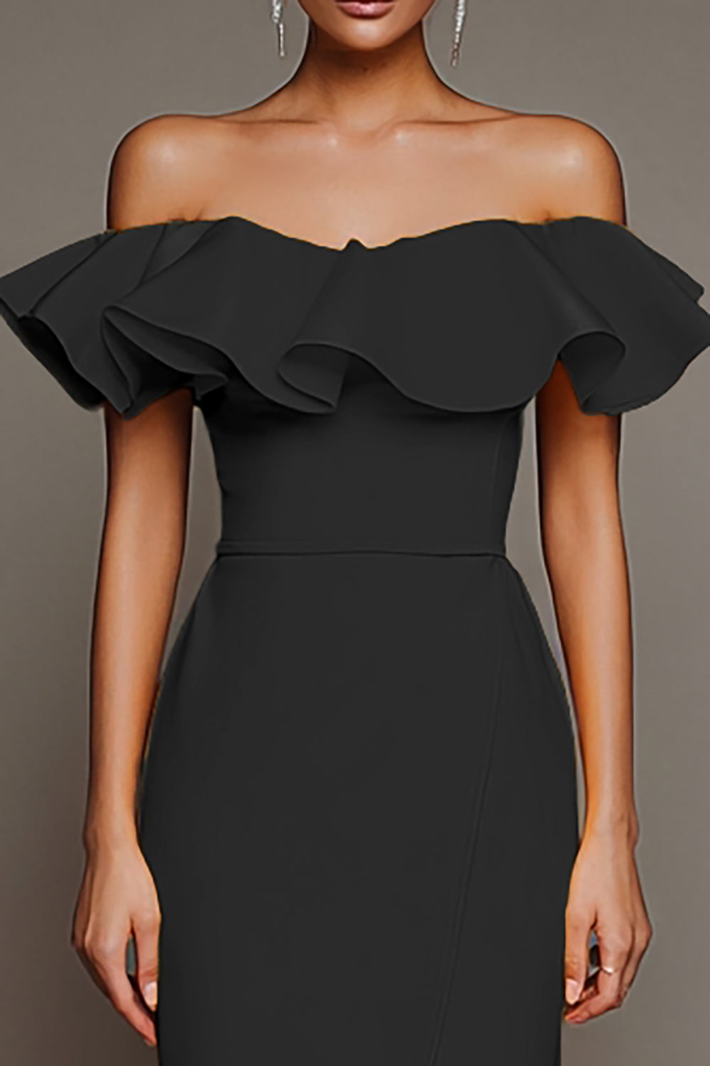 Black Satin Off the Shoulder Long Sheath Evening Dress with Slit