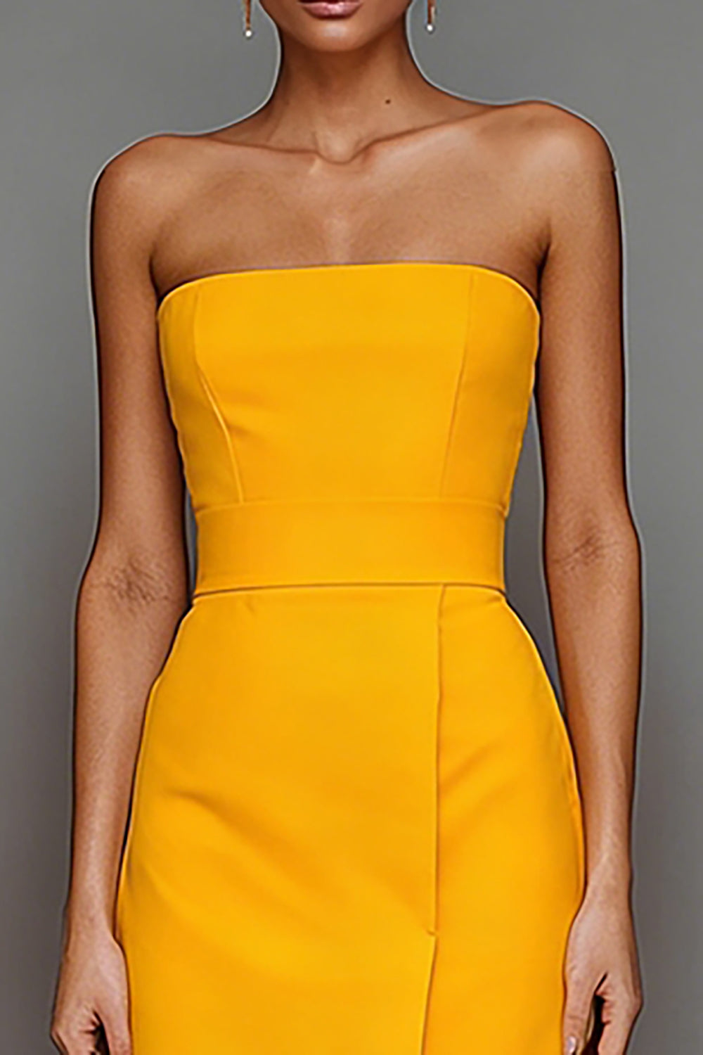 Yellow Strapless Satin Long Sheath Evening Dress with Slit