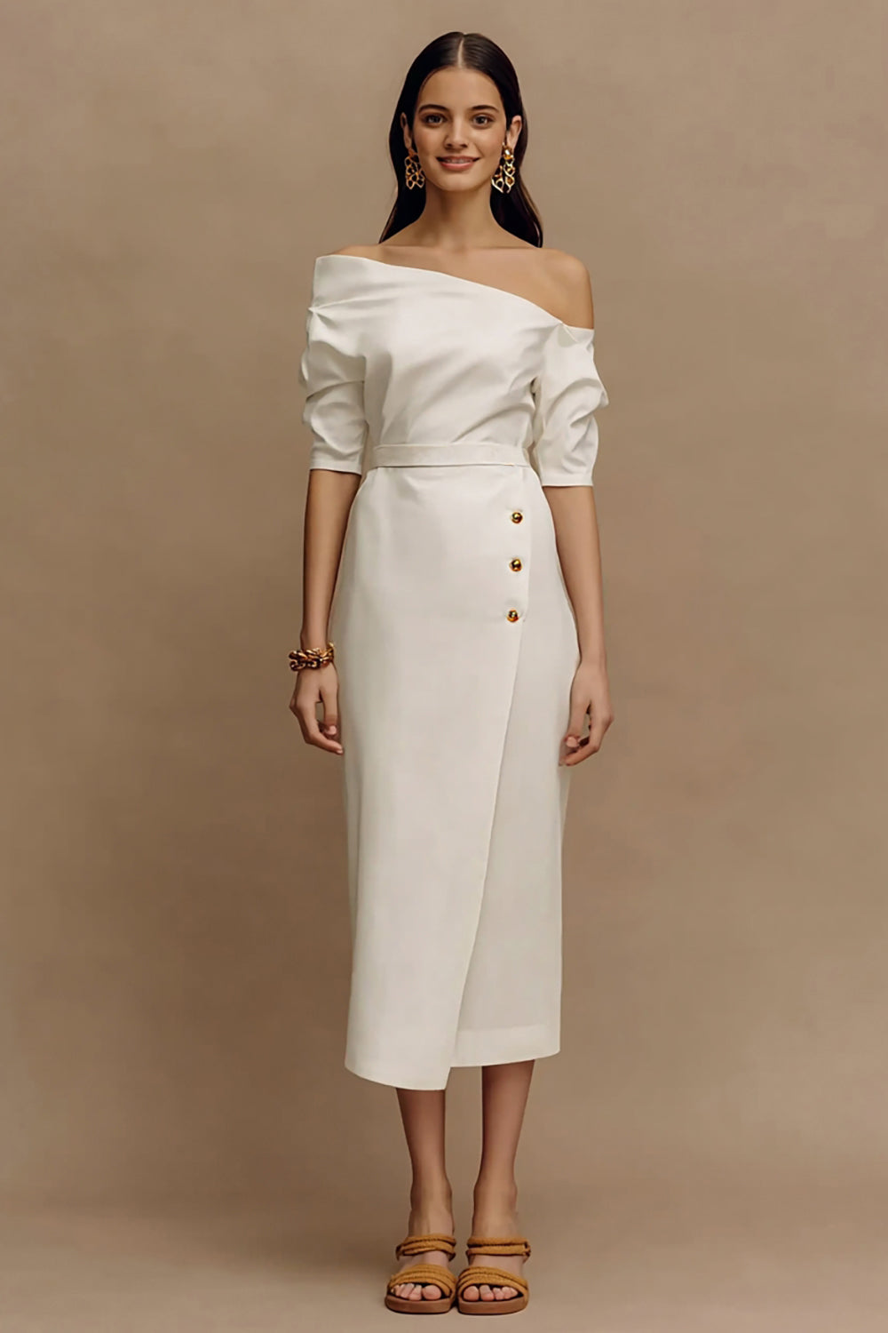 Ivory One Shoulder Sheath Midi Work Dress with Sleeves
