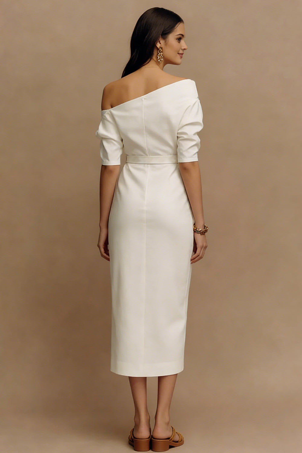 Ivory One Shoulder Sheath Midi Work Dress with Sleeves