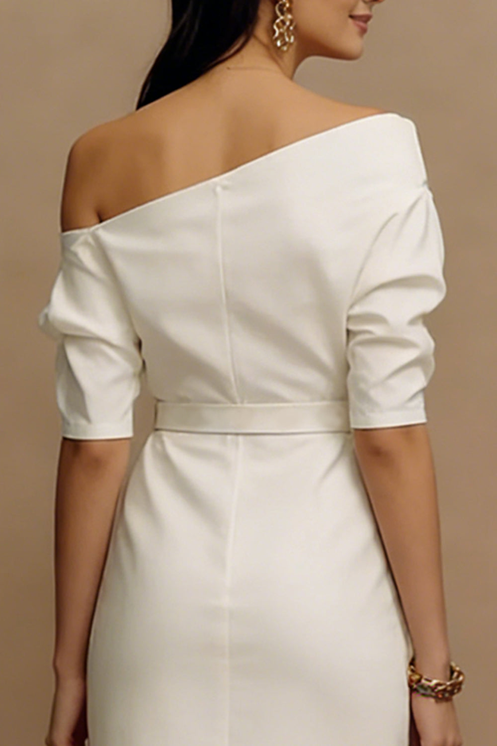 Ivory One Shoulder Sheath Midi Work Dress with Sleeves