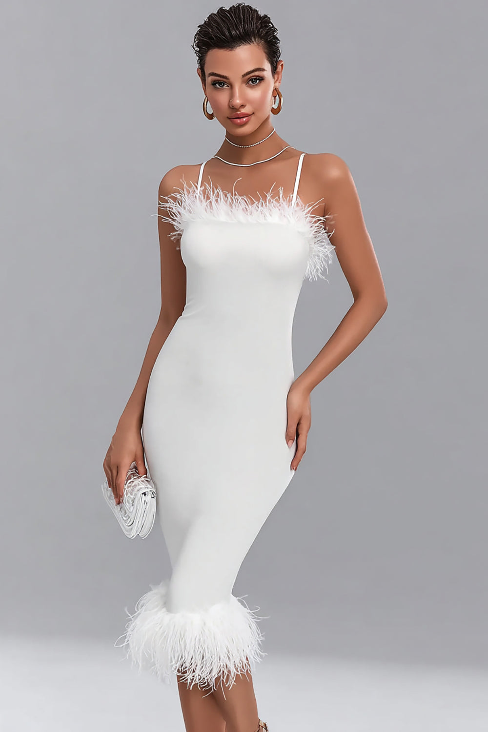 White Satin Midi Bodycon Evening Dress with Feathers