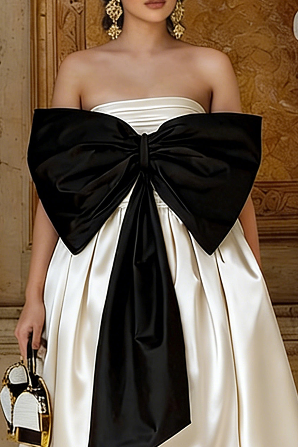 Black and White A Line Satin Asymmetrical Cocktail Dress with Bow