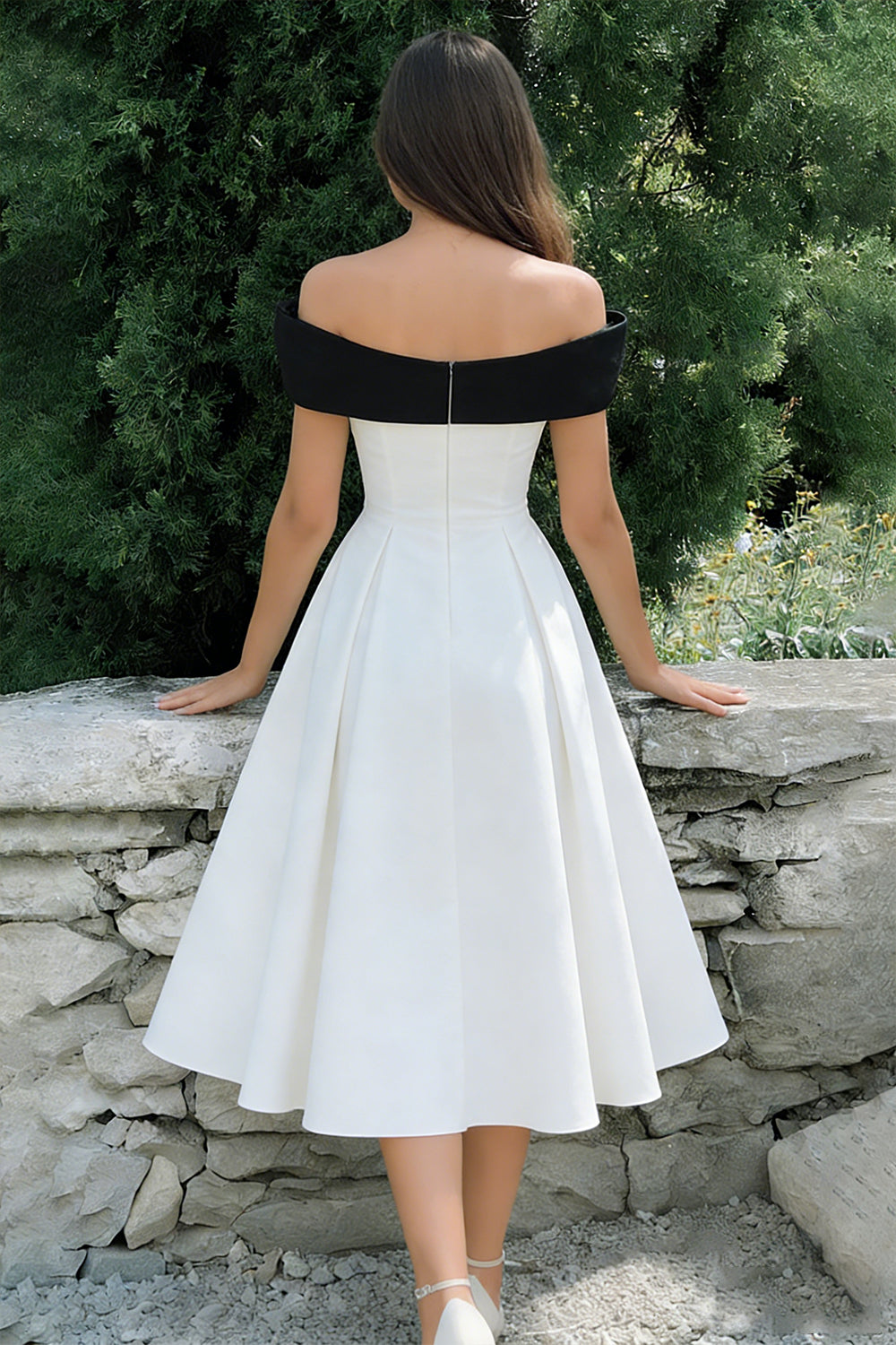 Black and White A Line Off the Shoulder Midi Cocktail Dress with Bow