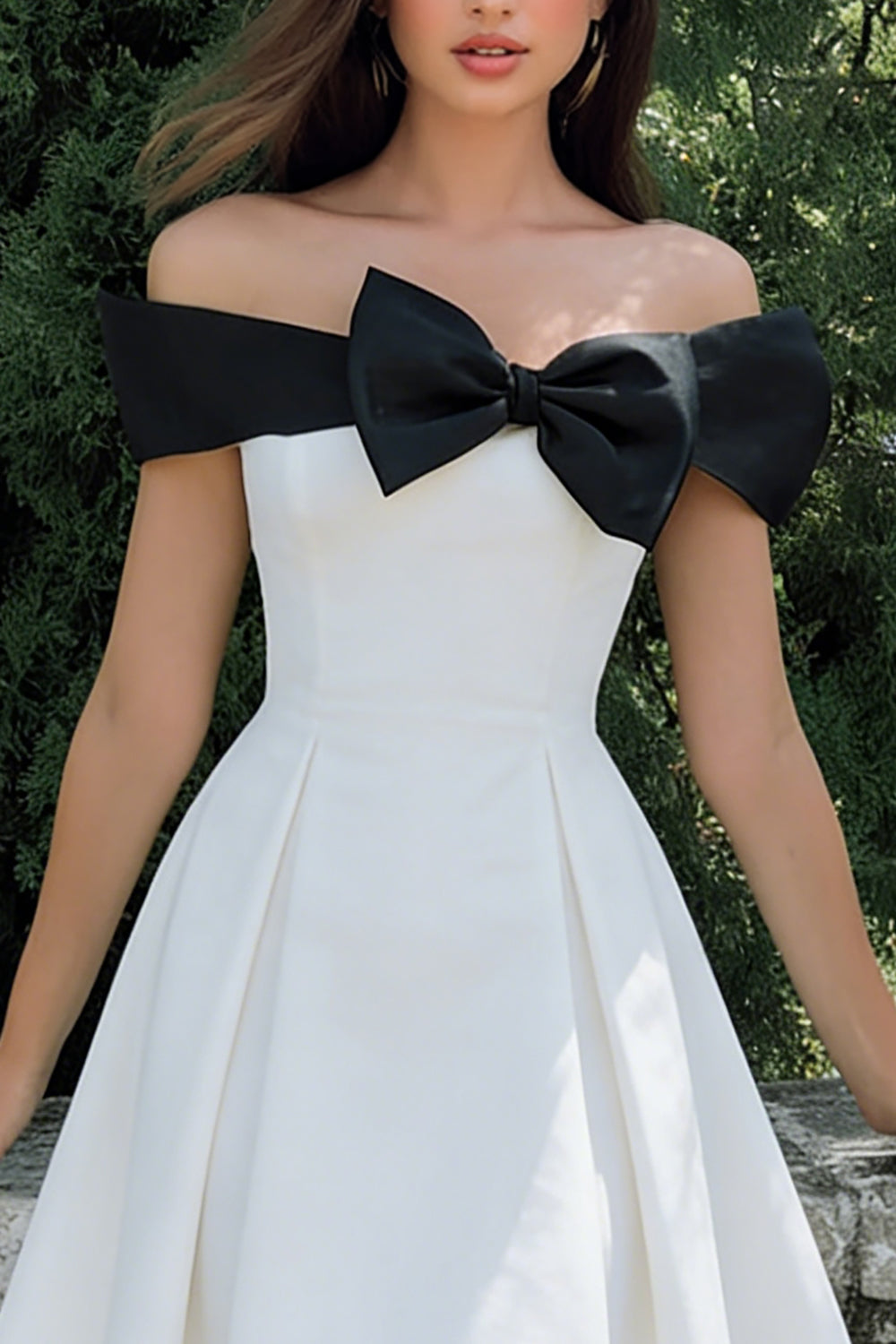 Black and White A Line Off the Shoulder Midi Cocktail Dress with Bow