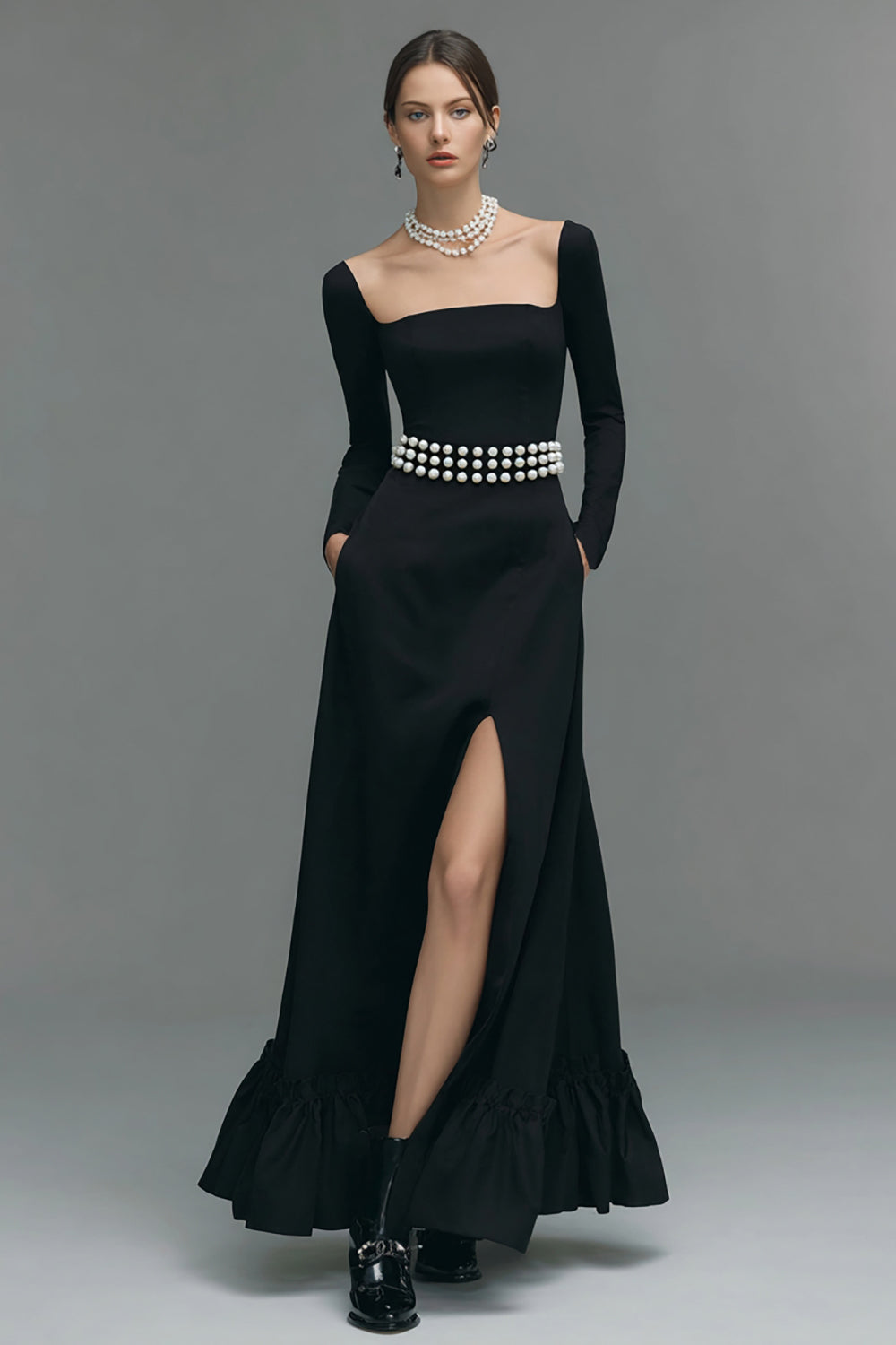 Elegant Black A Line Square Neck Long Sleeves Evening Dress with Slit