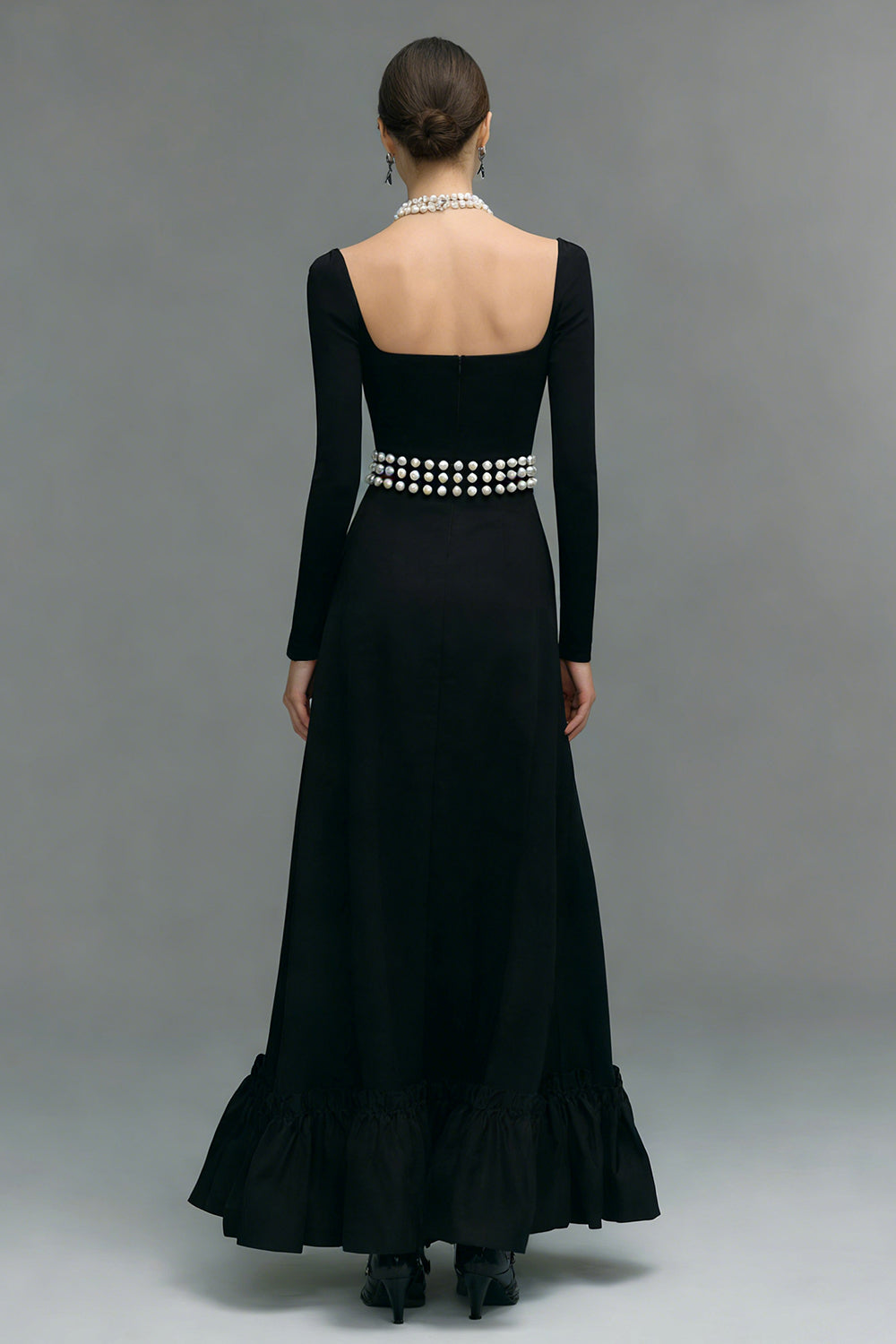 Elegant Black A Line Square Neck Long Sleeves Evening Dress with Slit