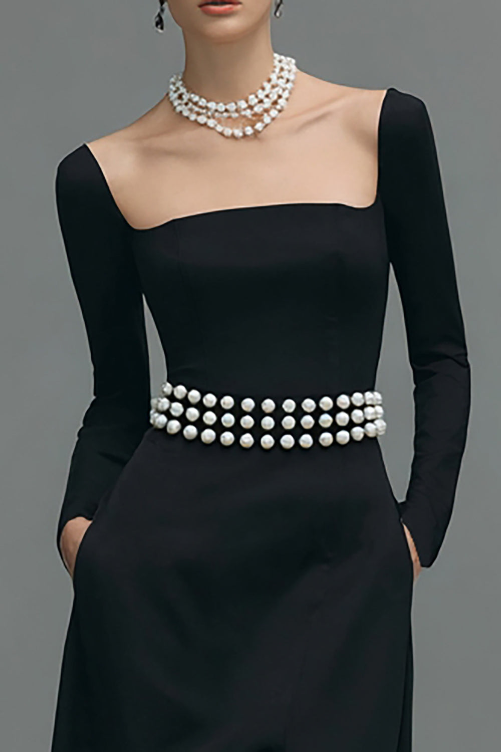 Elegant Black A Line Square Neck Long Sleeves Evening Dress with Slit