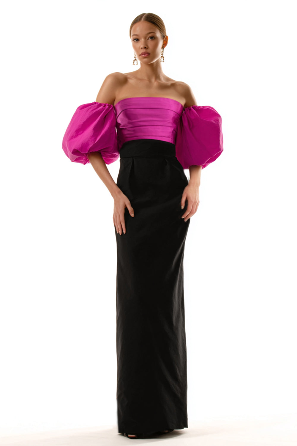 Black and Fuchsia Sheath Puff Sleeves Long Satin Formal Dress