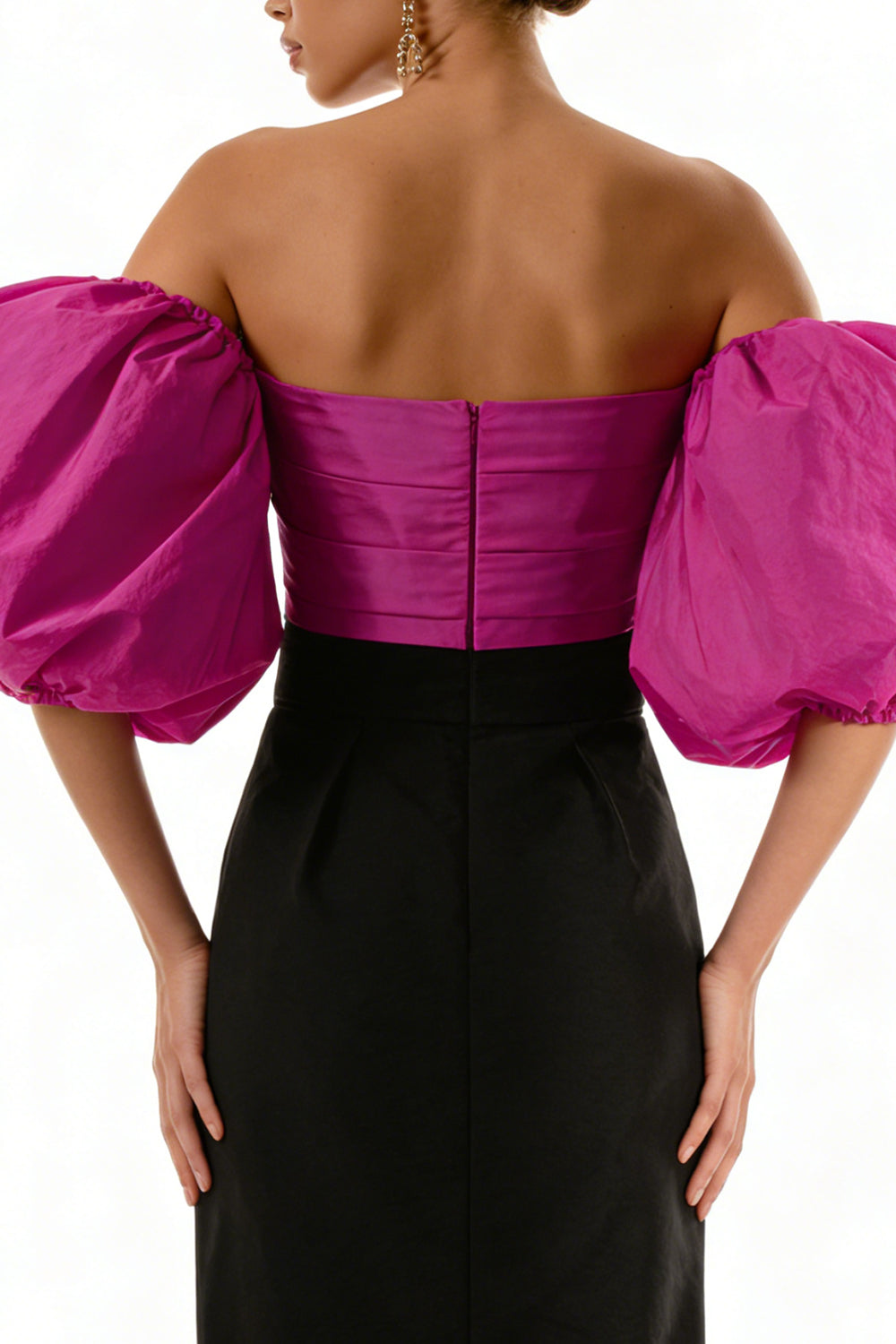 Black and Fuchsia Sheath Puff Sleeves Long Satin Formal Dress