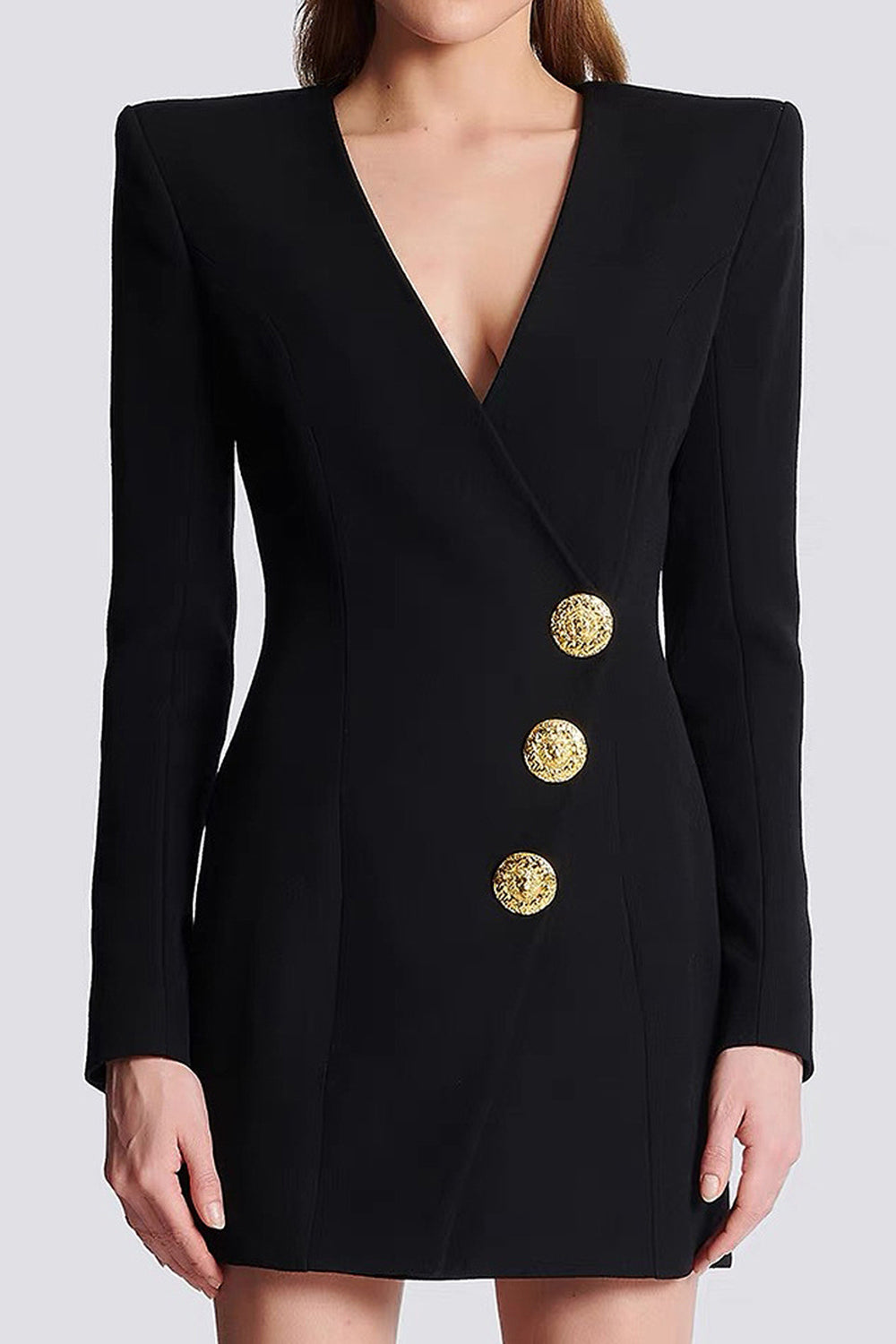 Black Single Breasted V-Neck Bodycon Mini Blazer Dress with Sleeves
