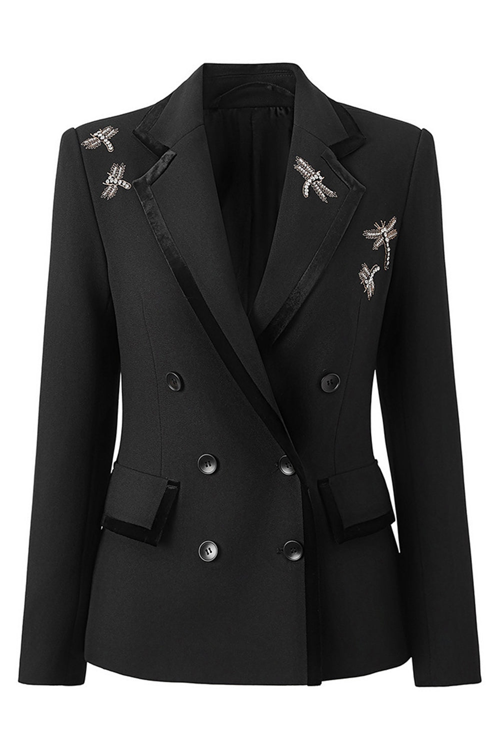 Sparkly Black Notched Lapel Double Breasted Women Prom Blazer with Rhinestones