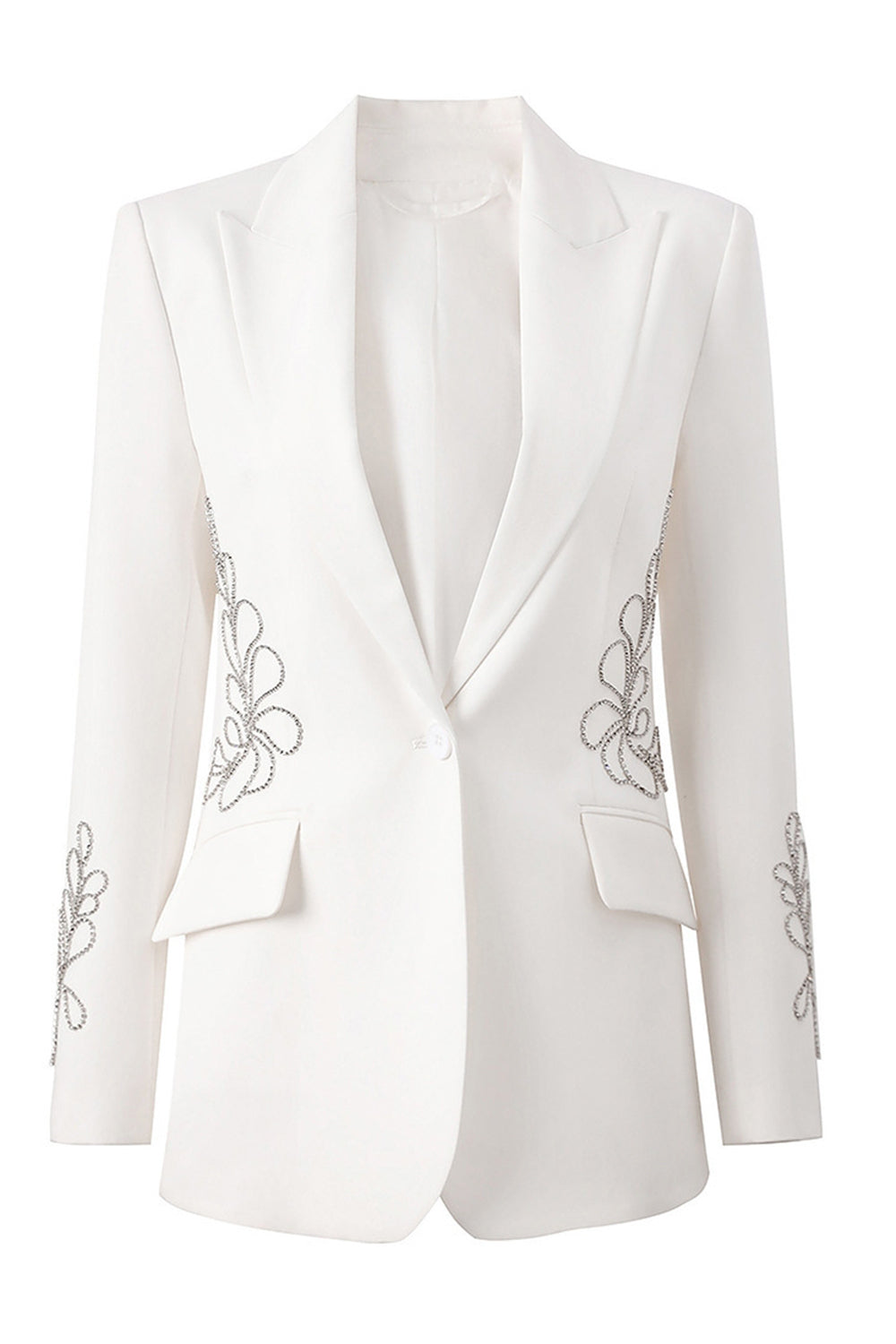 Floral White Beaded Peak Lapel Slim Fit Women Prom Blazer