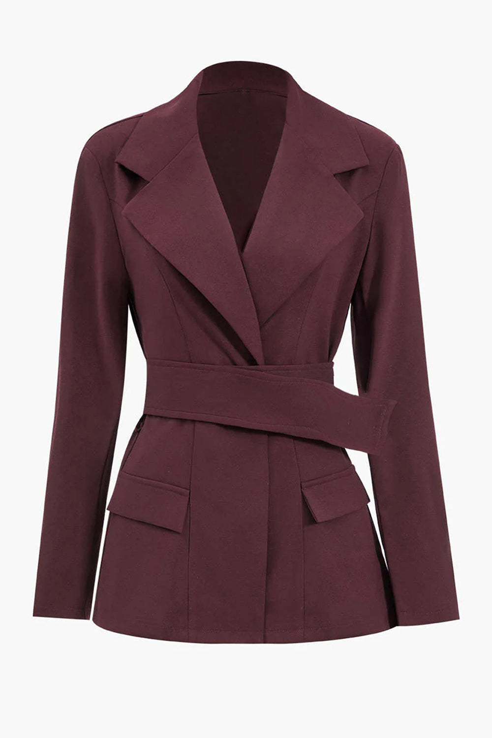 Burgundy Notched Lapel Slim FIt Women Blazer with Pockets