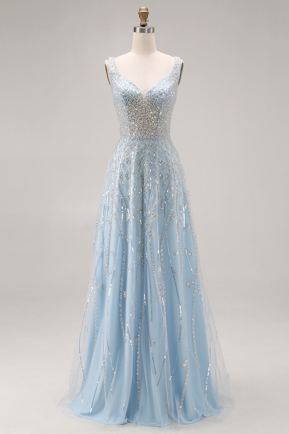 Sparkly Light Blue Sequins A Line Long Corset Prom Dress with Beading
