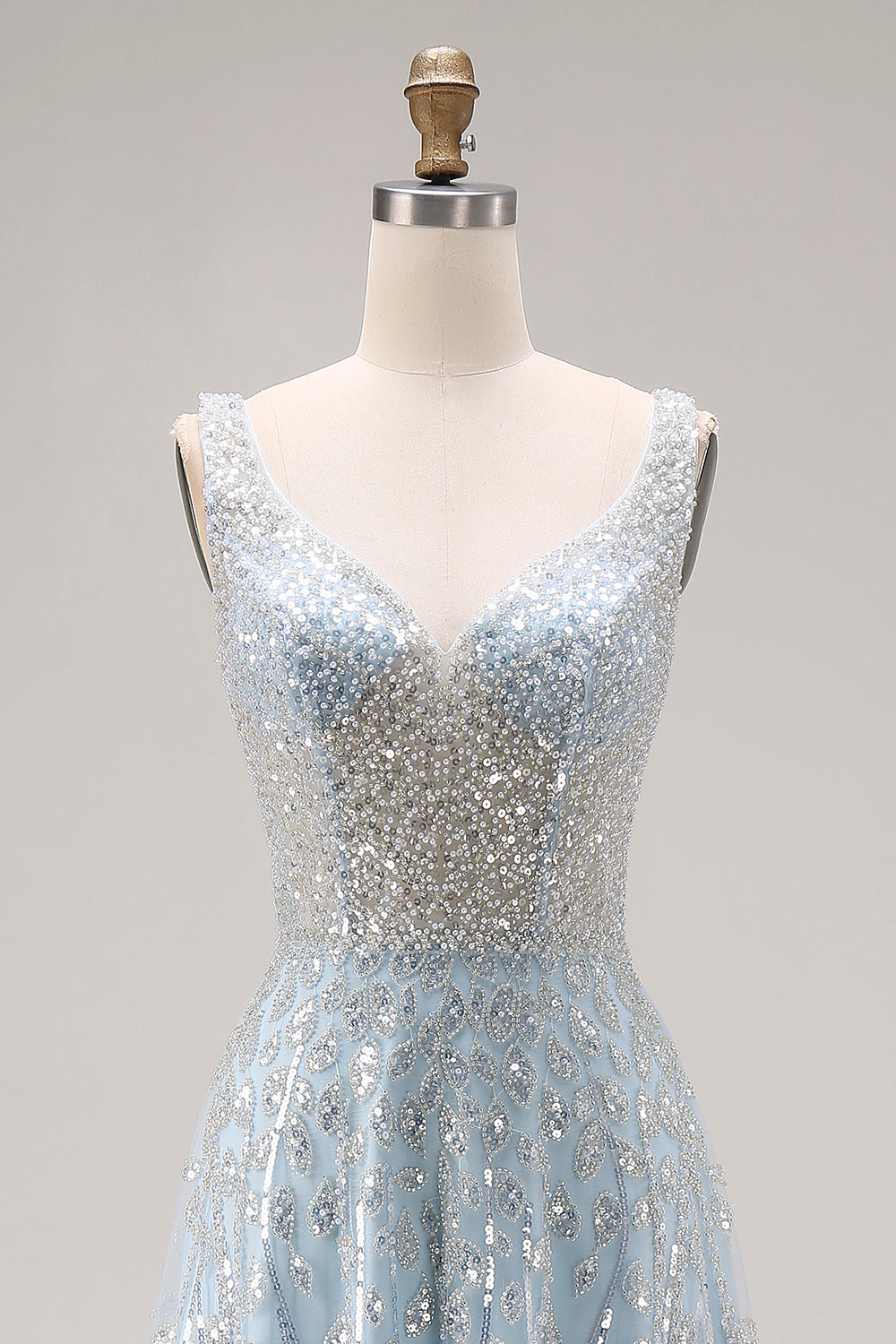 Sparkly Light Blue Sequins A Line Long Corset Prom Dress with Beading