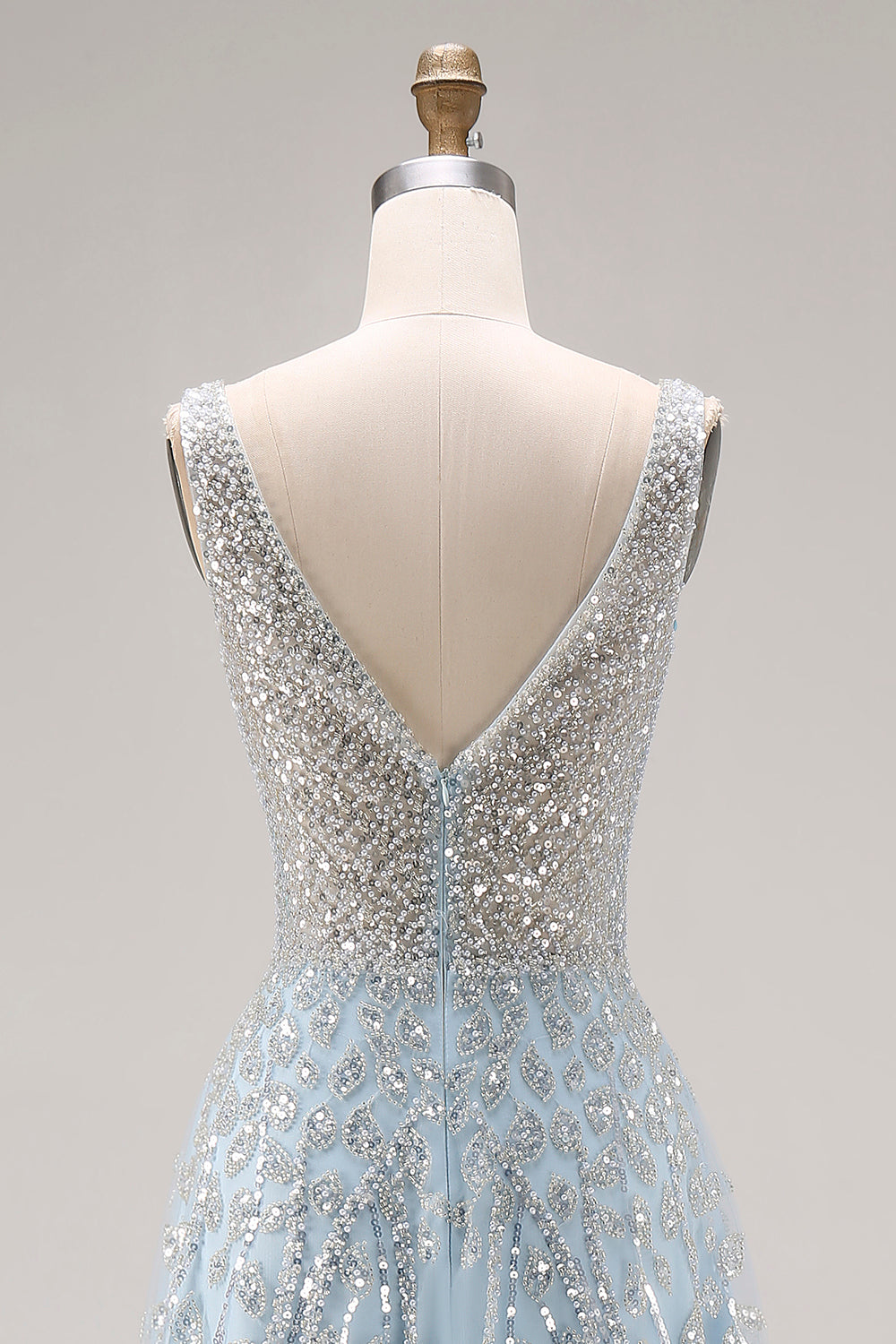 Sparkly Light Blue Sequins A Line Long Corset Prom Dress with Beading