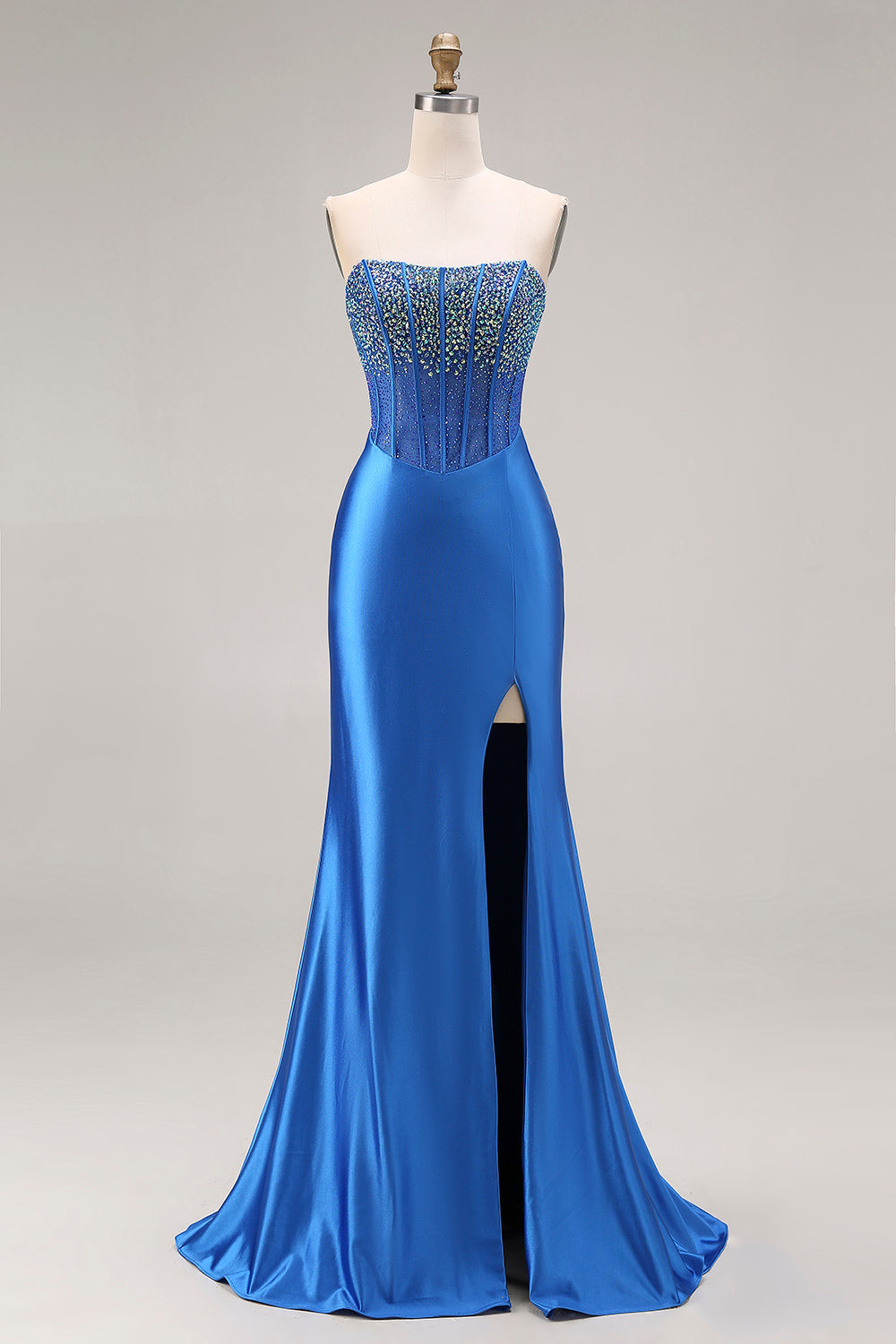 Royal Blue Mermaid Strapless Beaded Corset Long Prom Dress with Slit