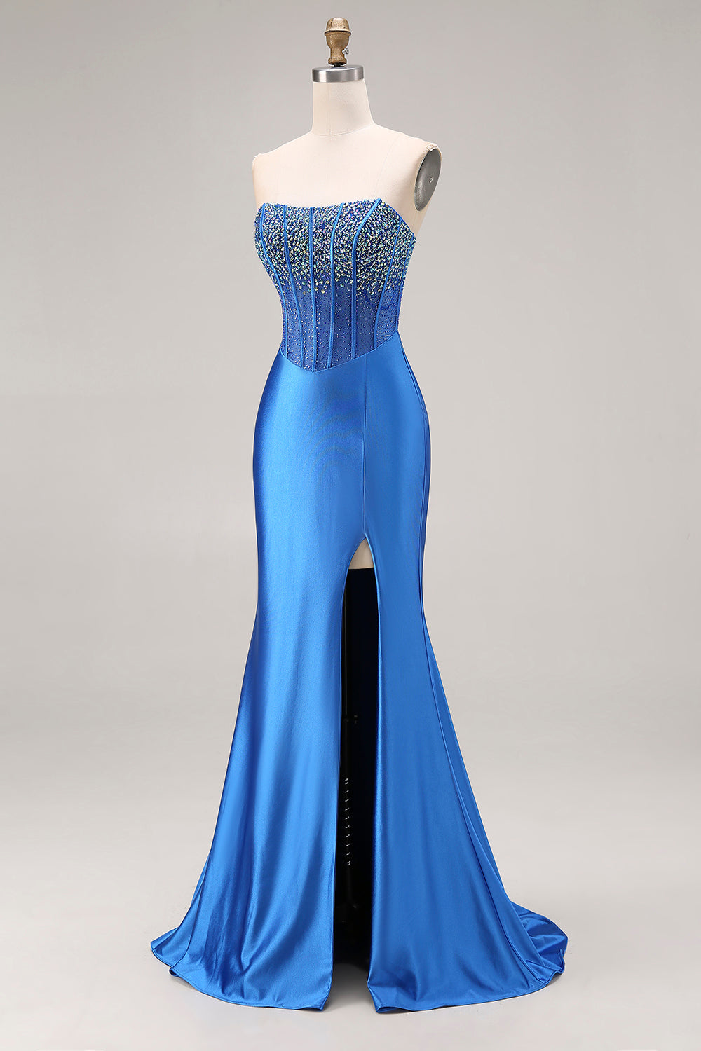 Royal Blue Mermaid Strapless Beaded Corset Long Prom Dress with Slit